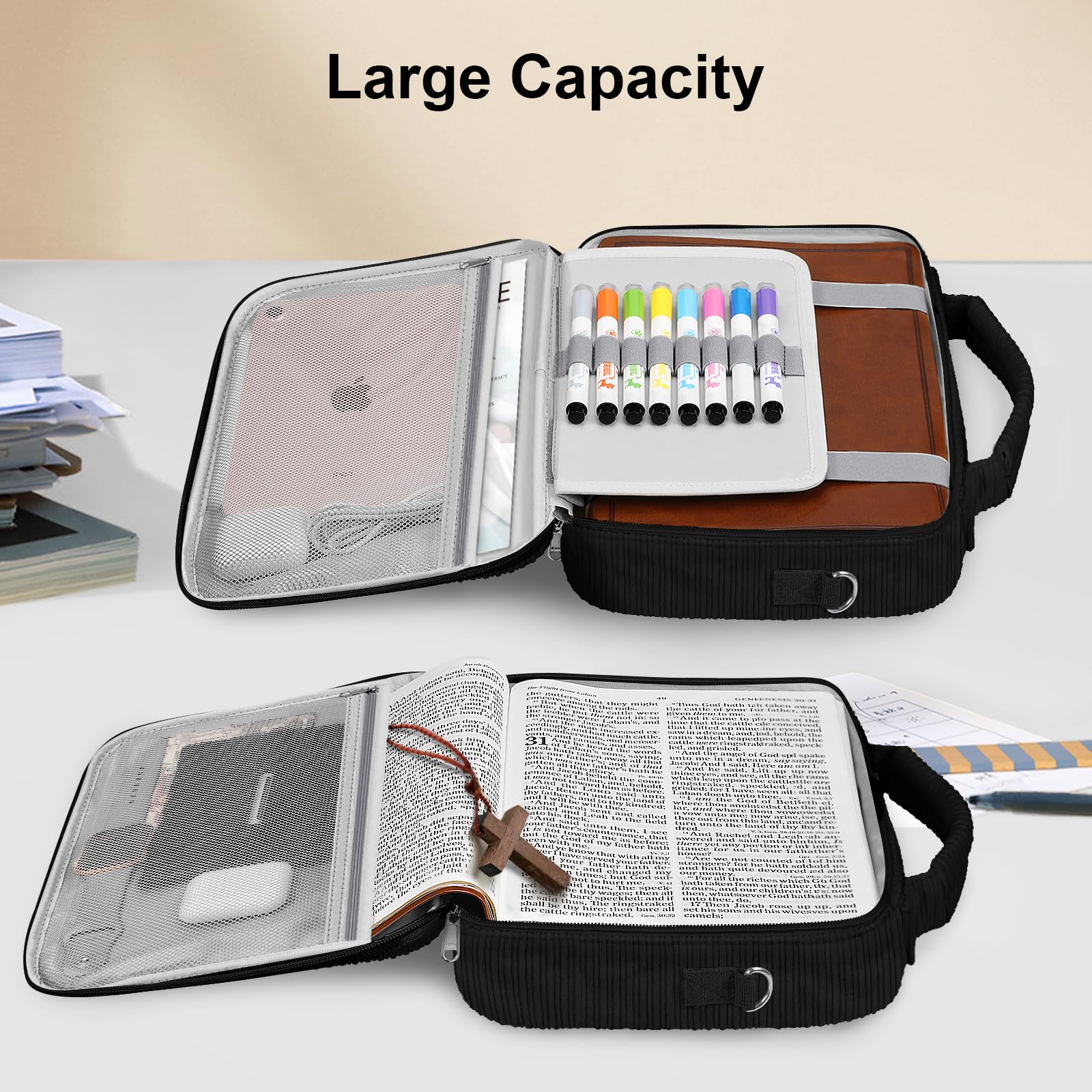 FINPAC Large Bible Cover Bible Cover, Carry Bible Bag with Shoulder Strap, Corduroy Fabric Bible Book Cover Church Bag, Bible Protector with Zip Pocket for Men Women - Image 3