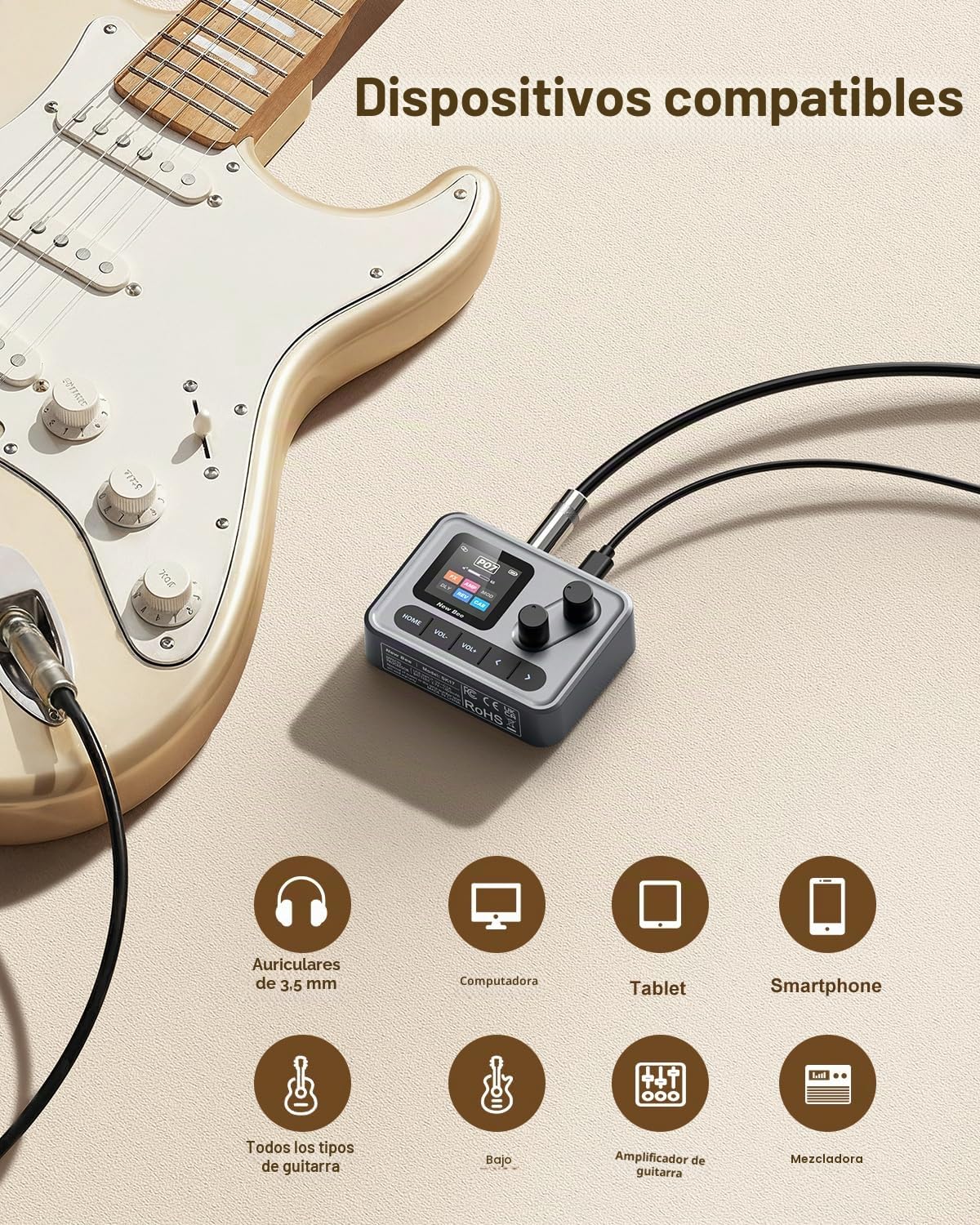 Procesador de Guitarra Multiefectos 80 Preajustes Portable 6 Módulos de Efectos Móviles,USB Audio Grabación OTG con App y BT,Recargable para Guitarra,Guitarra Eléctrica,Bajo