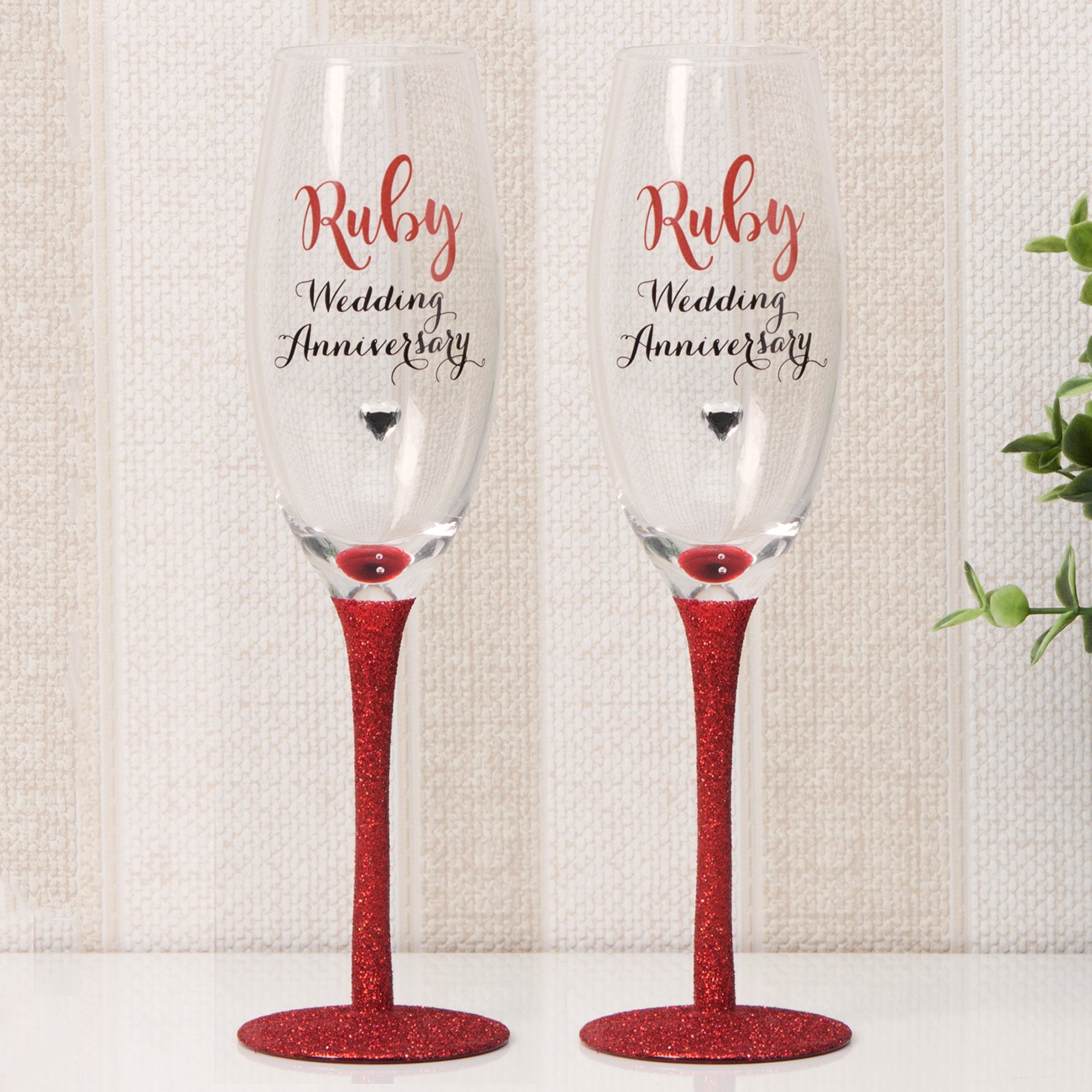 Quality RUBY WEDDING ANNIVERSARY Design Champagne Flutes Pair - Ruby Red Glitter Stem & Diamante Heart Motif Detail - Ideal Ruby Wedding / 40th Wedding