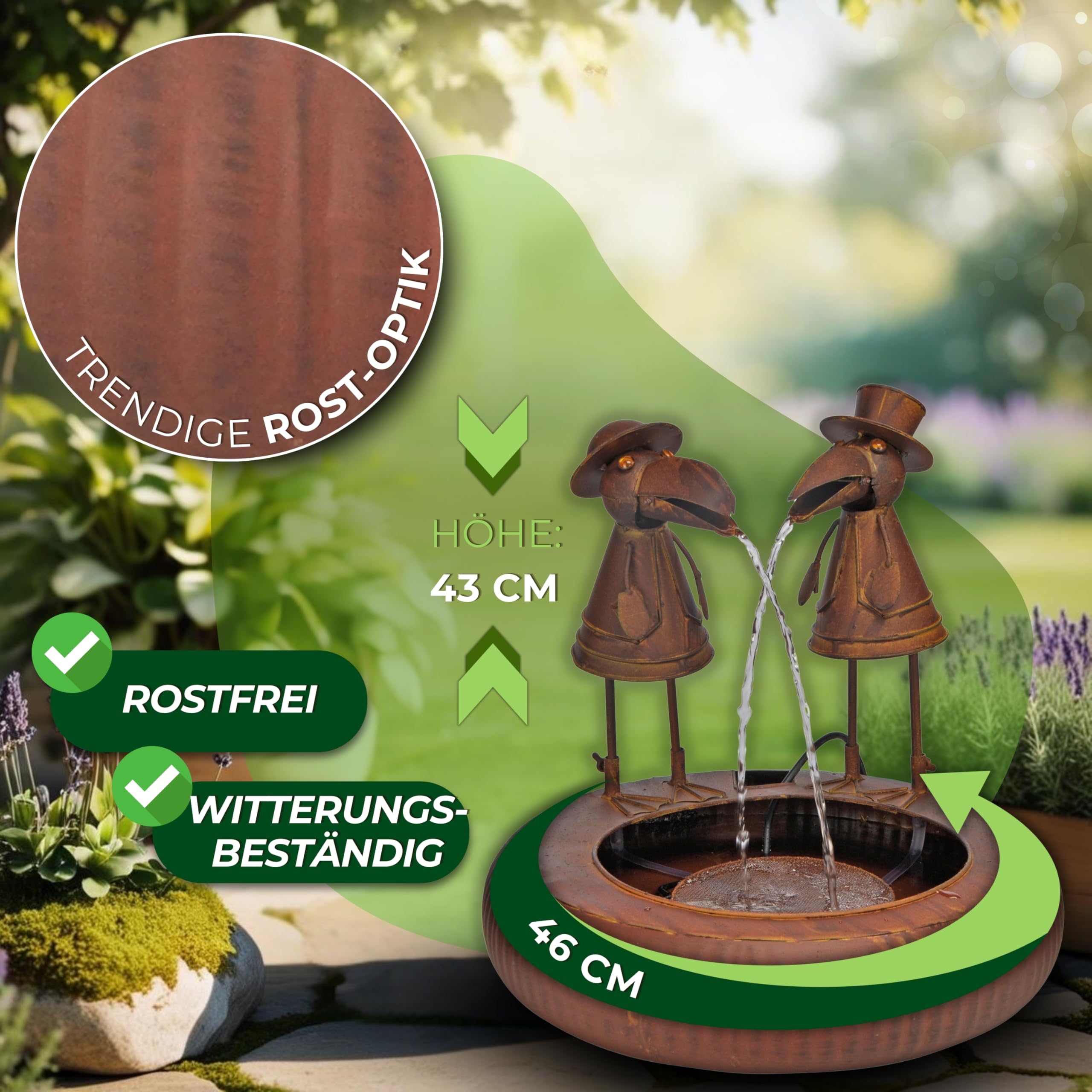 Schauer Metallbrunnen mit Zwei Raben – Wasserspiel in Rostoptik – Gartenbrunnen, Wasserspeier & Gartendeko für Draußen – Zimmerbrunnen, Springbrunnen & Tischbrunnen für Garten, Terrasse & Balkon
