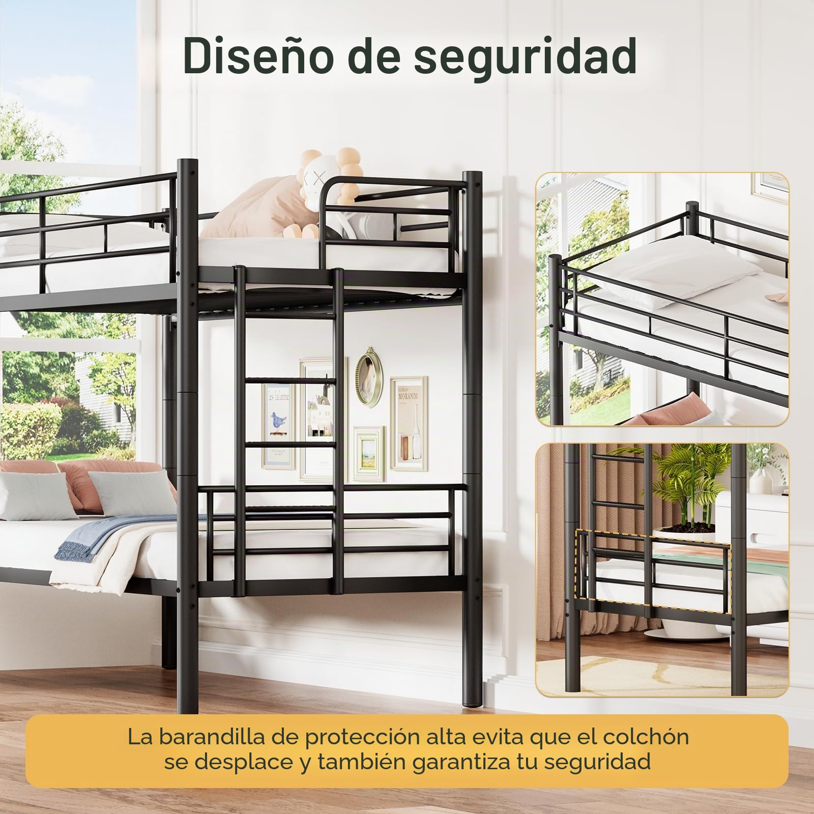 Litera de metal de 90 x 200 cm, se puede dividir en dos camas individuales, litera con escalera y protección anticaídas para adolescentes y adultos, color negro