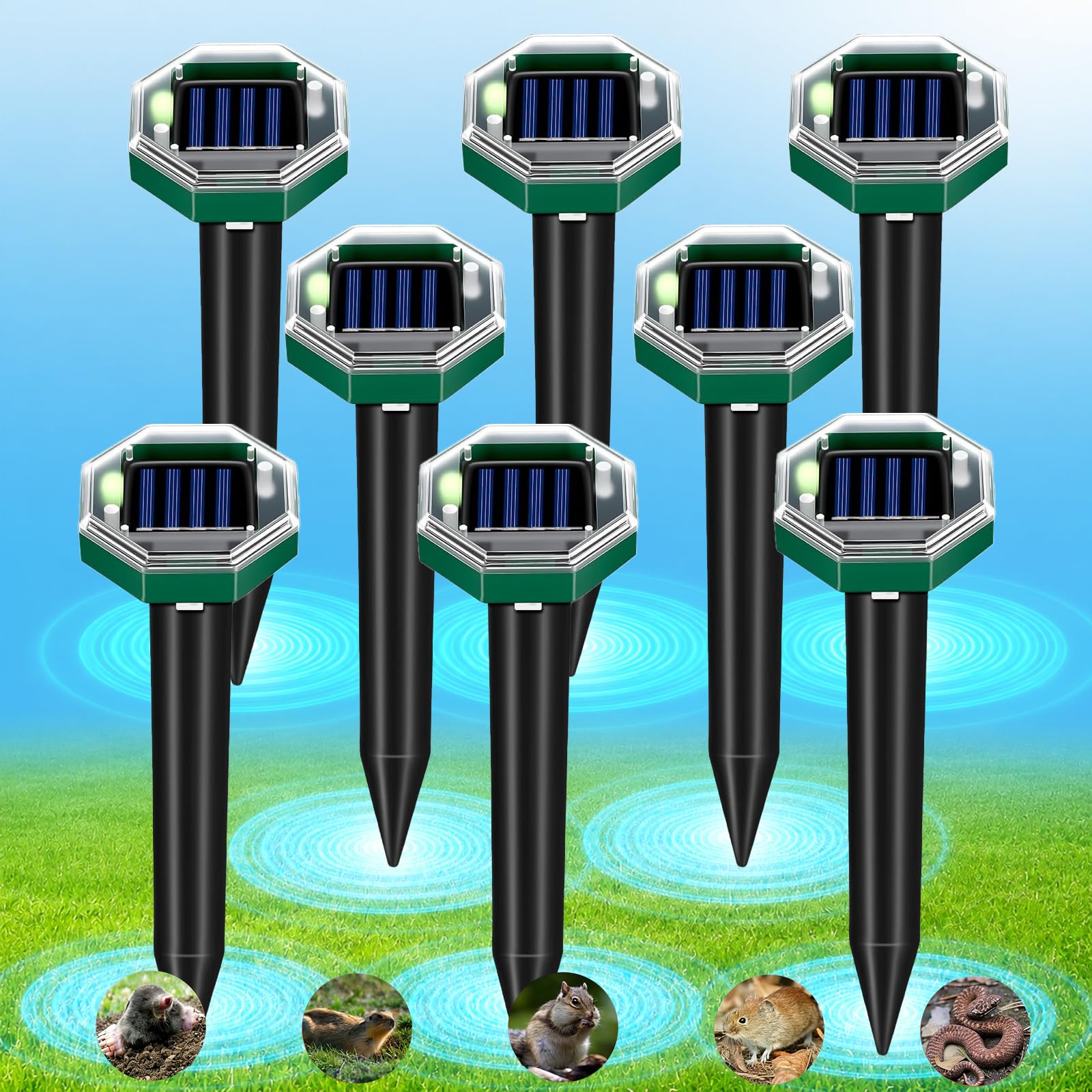 Confezione da 8 Dissuasori Solari per Talpe, Scaccia Talpe a Ultrasuoni da Giardino, IP65 Impermeabile, Repellente Talpe Solare, Allontanatore Arvicole Topi Ecologico, Antitalpa da Esterno