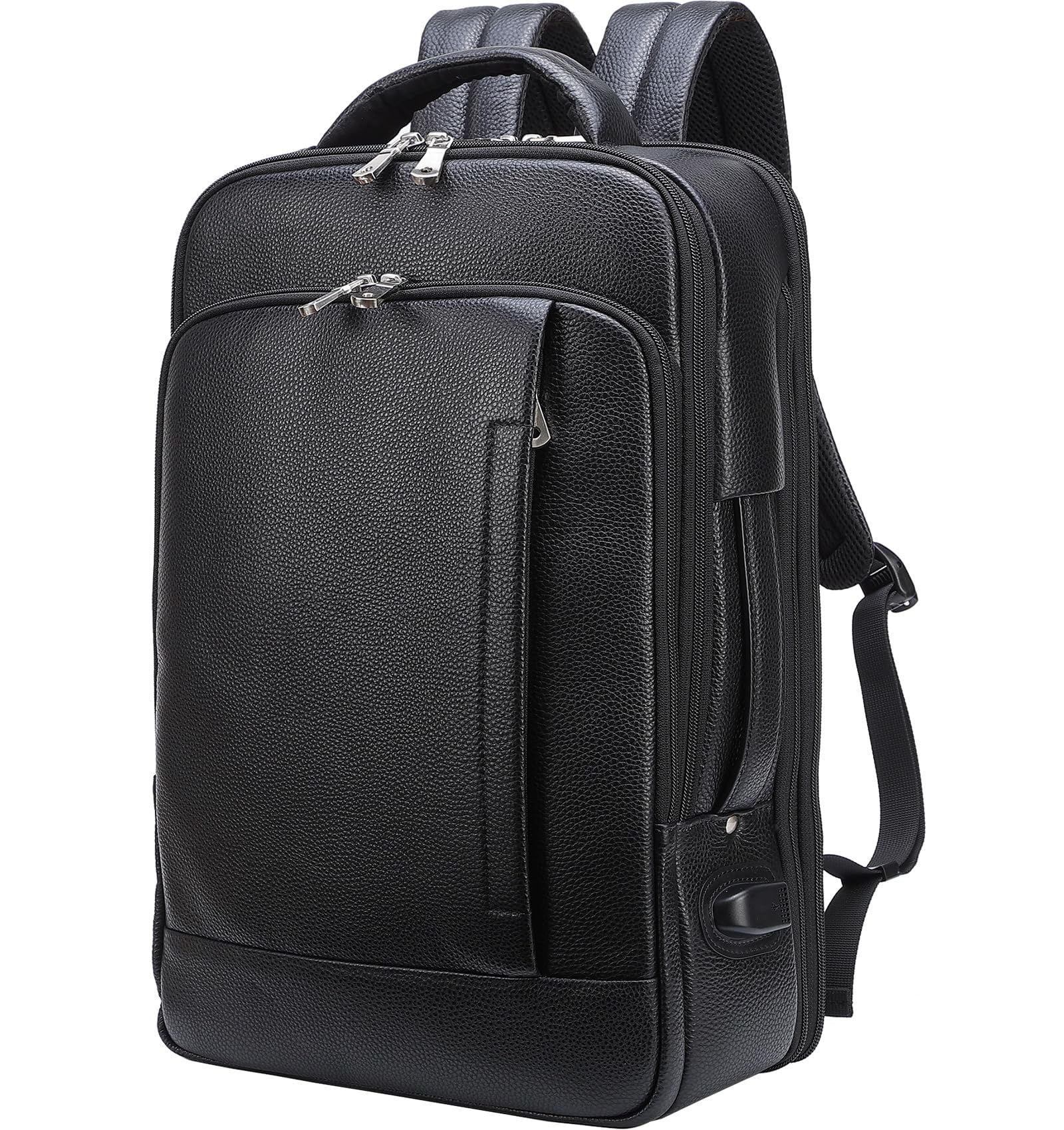 [TIDING] ビジネスリュック メンズ 本革 【高級黒系シュリンクレザー × 型崩れしない立体設計】 2WAY 横持ち マチ拡張 15.6インチPC 180°全開ZIP USBポート キャリーオン 滑り止めクリップ付 通勤 出張 ブラック