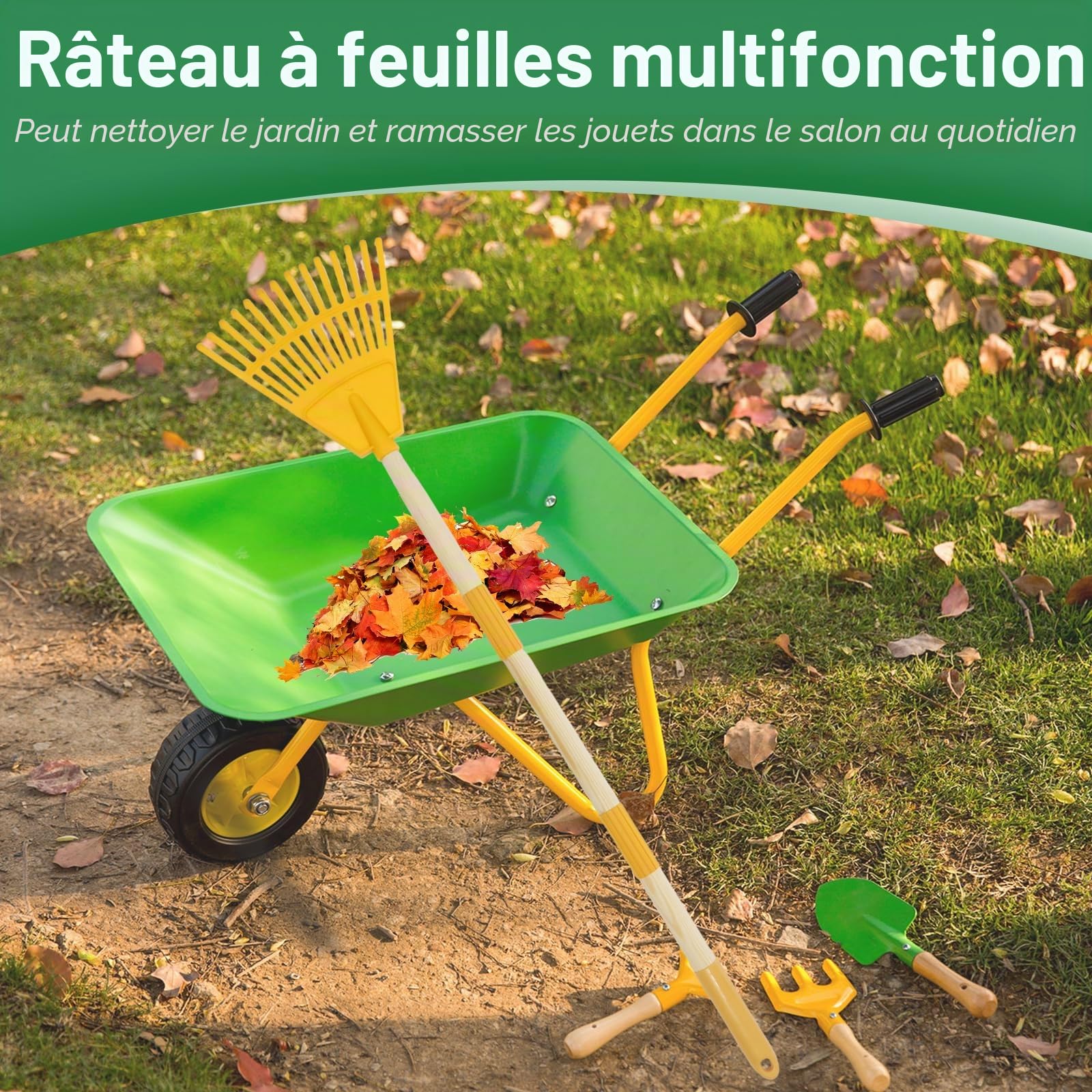 Lot de 2 râteaux à feuilles pour enfants avec 14 dents et manche en bois naturel de 67 cm - Balai à gazon amovible - Longueur totale : 86 cm (jaune et vert)