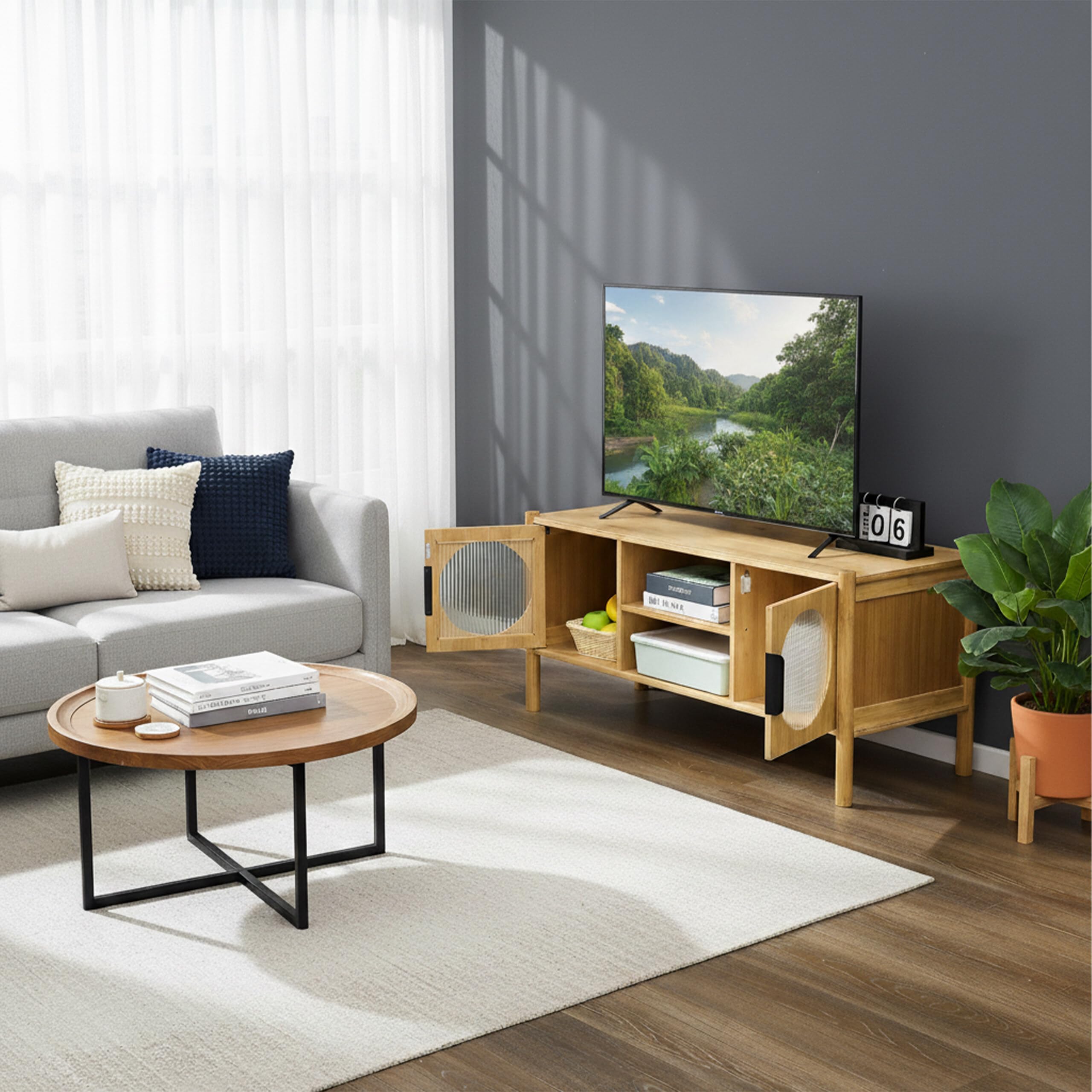 Mobile TV Relaxdays, con 2 ante, per TV fino a 43 pollici, legno, HLP: 48 x 103 x 40 cm, tavolino TV, naturale
