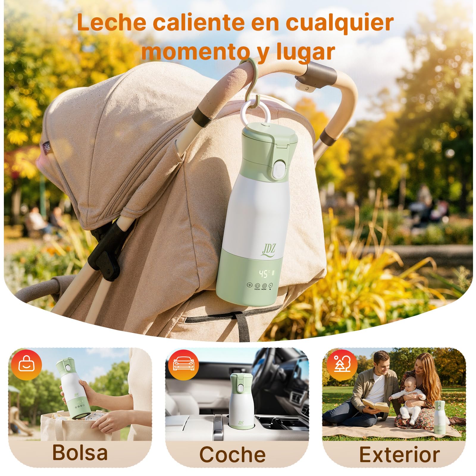 Calentador de Biberones Portátil 500ml, JDZ Calentador de Agua Recargable Sin Cables con Control de Temperatura, Aislamiento Térmico, Ideal para Viaje, Camping y Salidas con Bebé (Verde)