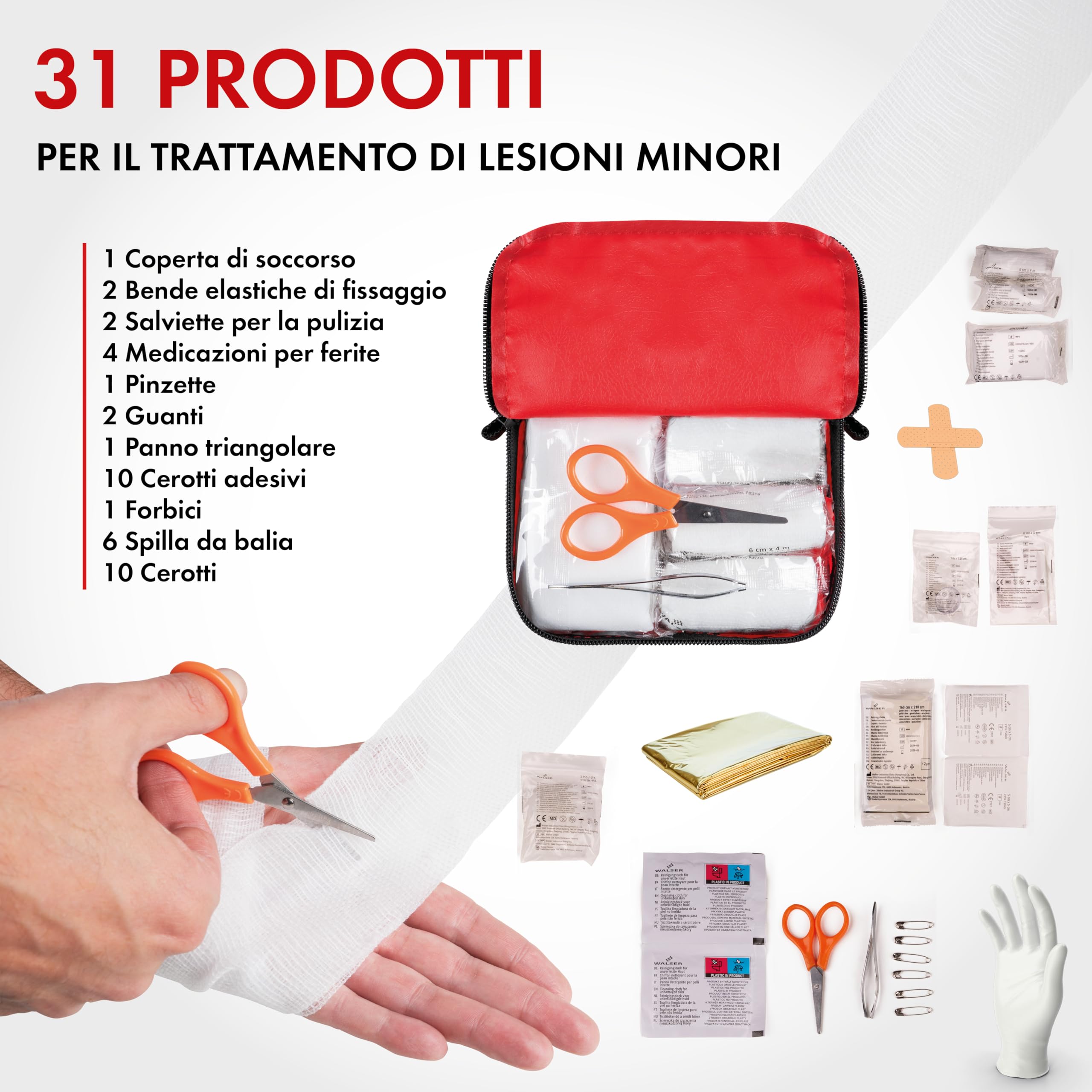 WALSER Premium Mini Kit di pronto soccorso 2026, kit di emergenza impermeabile per esterni/campeggio/bici, kit di pronto soccorso da 31 pezzi, kit di pronto soccorso compatto per esterni