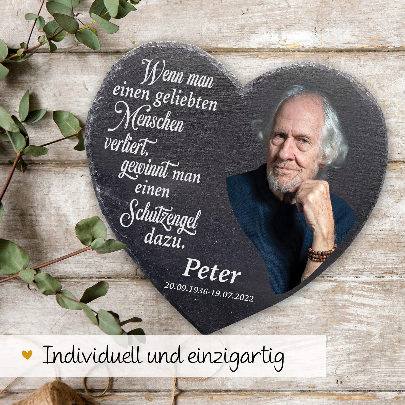 Love Faith personalisiertes Schieferherz - & Text - Trauergeschenk | Hochwertiges Schieferherz - Lade ein Foto hoch & gestalte mit Wunschtext - Liebevolles Trauergeschenk & Erinnerungsstück