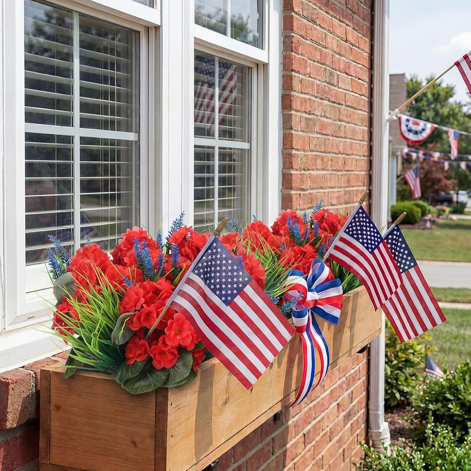 Unittype 13 Bundles Patriotic Artificial Flowers for Outdoors 250th Anniversary Red Geranium Flowers with Blue Lavender Green Grass Bushes with Plastic Faux Lavender Plants for Outside Memorial Day