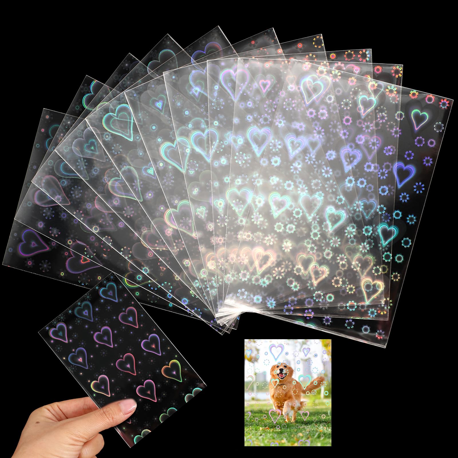 Styquenzer Photocard Sleeves, 100 Pcs Love Heart Kpop Card Sleeves Transparent Waterproof Trading Cards Protector Holographic Foil Cover Photo Card Sleeves, 58 x 89mm