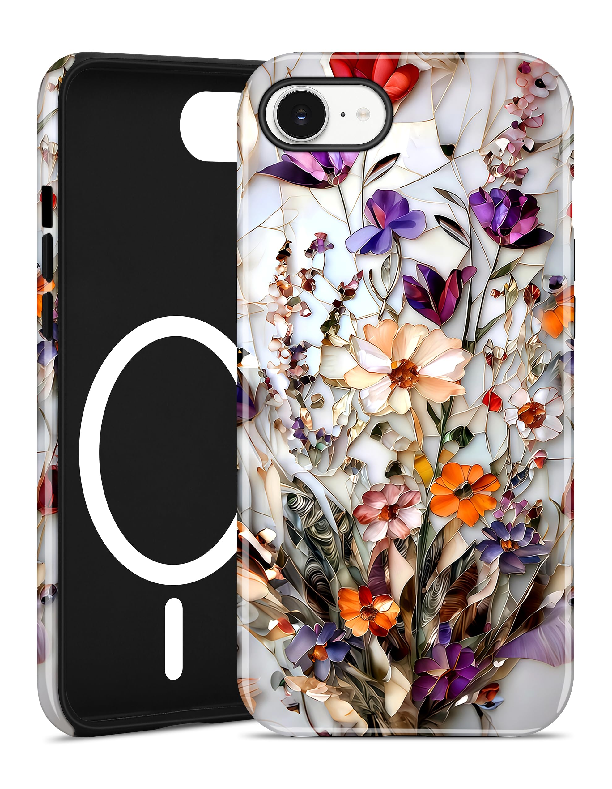 Jusy Compatible with MagSafe Flower Case for iPhone 7/8/SE, Aesthetic Stained Glass Floral Magnetic Phone Case, Soft TPU and Hard PC Protective Cover for Women Girls (Shiny) - Bouquet