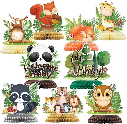 Miniatura 1 de NICOWARM 9 centros de mesa de animales del bosque para bebé, diseño de panal de abeja, color verde salvia, decoración de mesa 3D de animales del