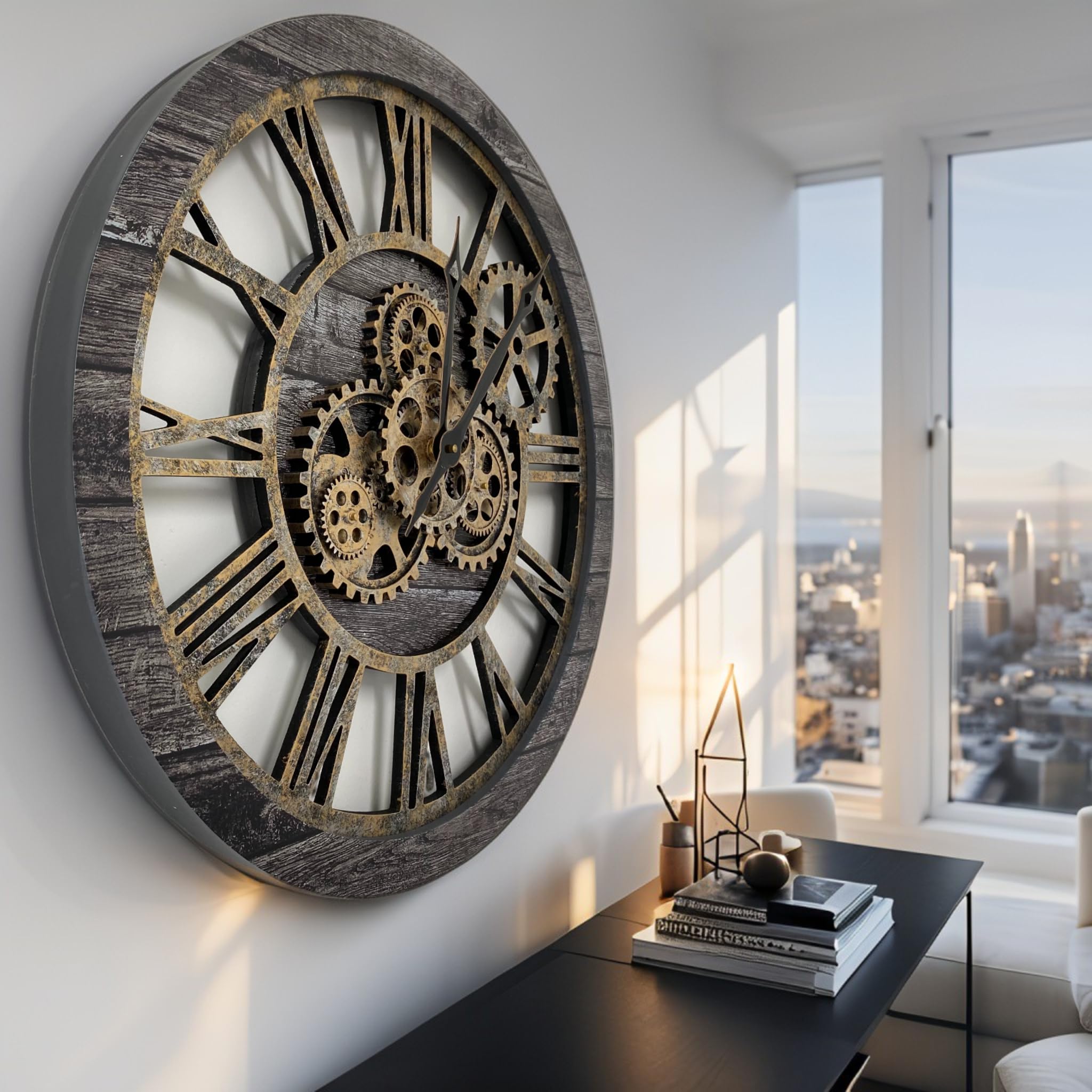 El Reloj de Engranajes El Original con Engranajes Reales en Movimiento Reloj de Pared Industrial de Gran tamaño (60 cm), Color Gris y Bronce