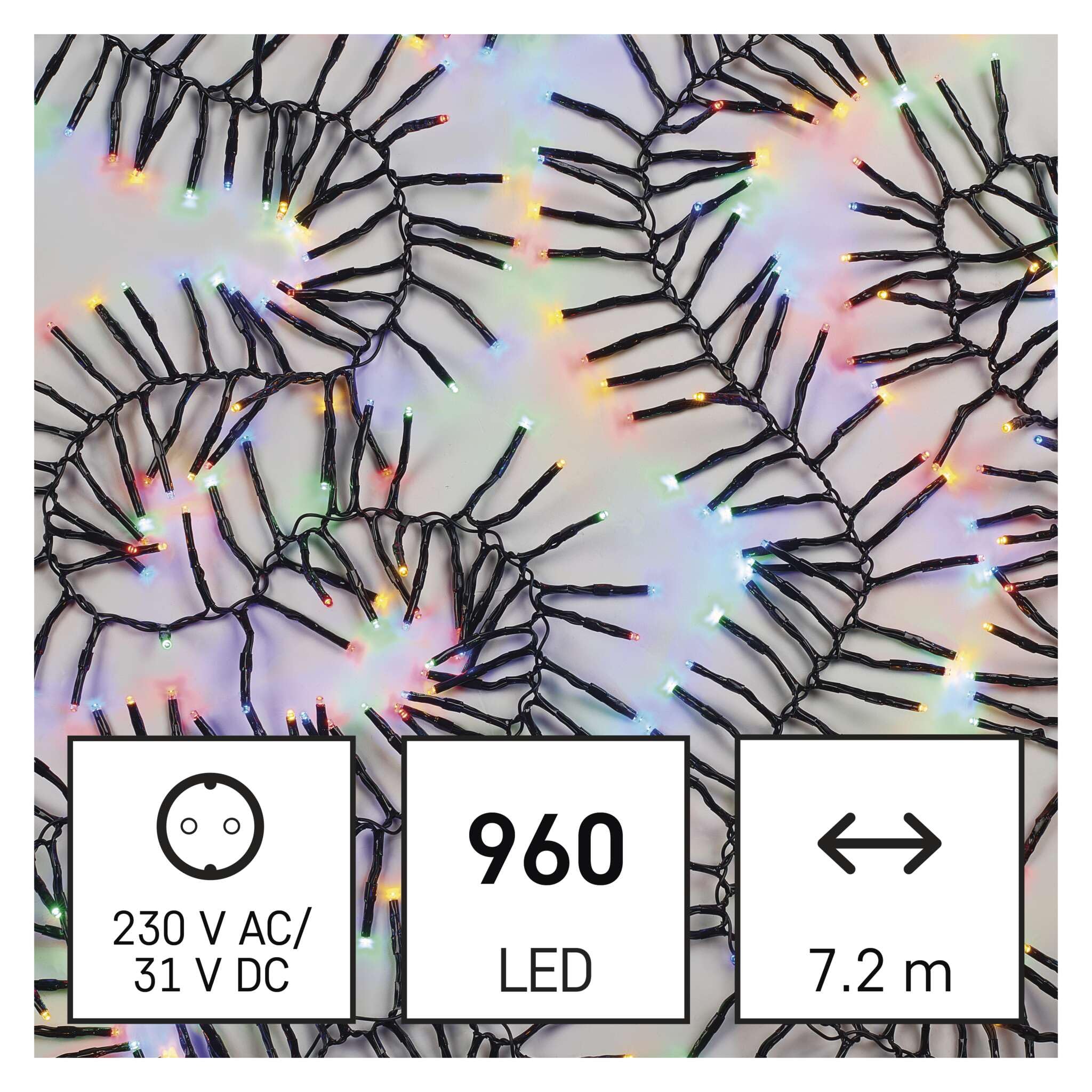 EMOS Kolorowy łańcuch świetlny LED do użytku wewnątrz i na zewnątrz, 7,2 m długości, IP44 z 960 diodami LED + przewód zasilający 5 m i zasilacz, efektowne tryby świecenia, na imprezę, Boże Narodzenie,