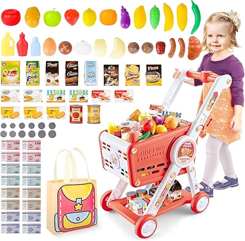 deAO Carrito de compras de juguete para niños, juego de 75 piezas con comida de simulación, frutas, verduras y accesorios, carrito de compras de