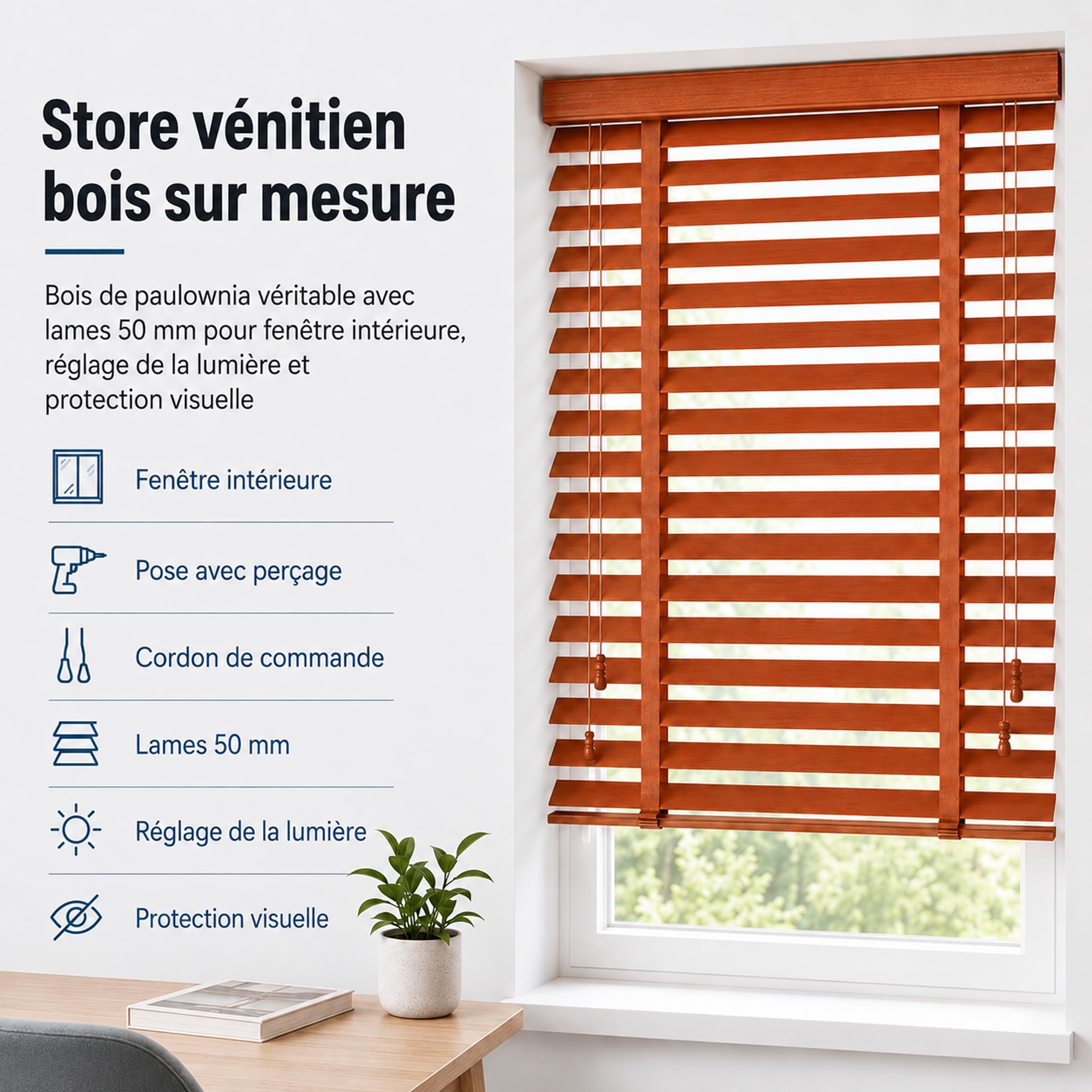 Store venitien Bois sur Mesure pour fenetre Interieure, Bois de Paulownia veritable avec Lames 50 mm, Pose avec percage, Cordon, Protection visuelle et reglage de la Lumiere Walnussfarben