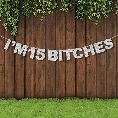 Miniatura 7 de LINGTEER Divertida pancarta plateada con purpurina con texto en inglés "I'm 15 Birthday", decoración de fondo para fotos de fiesta de cumpleaños de