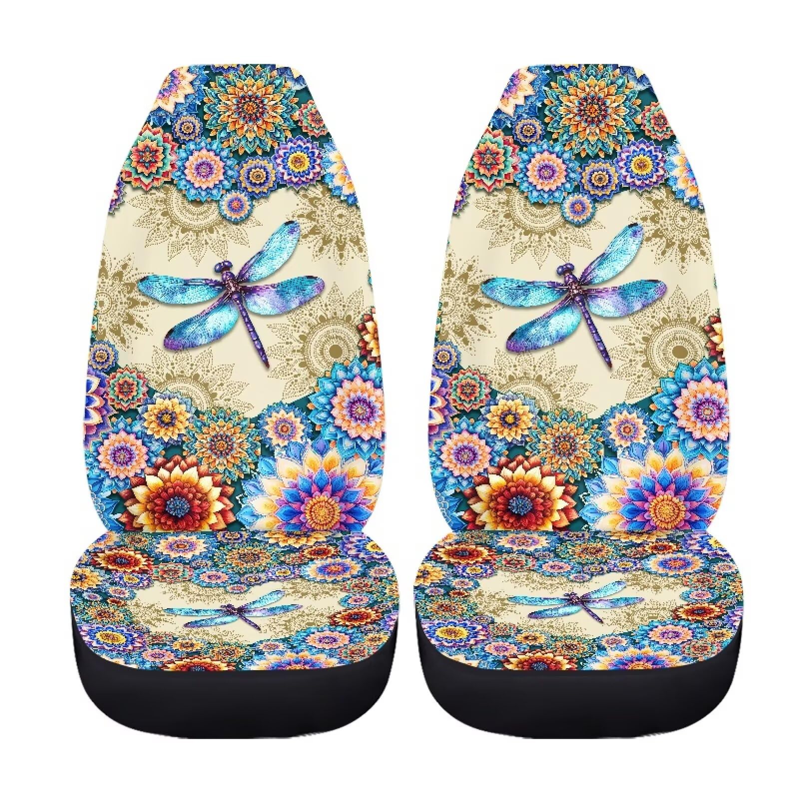 Xoenoiee Vibrant Boho Mandala Dragonfly Pattern Car Seat Covers Full Set of 2 Vehicle Protector Front Seats Covers Stretchy Washable Car Accessories Bucket Seat Cover