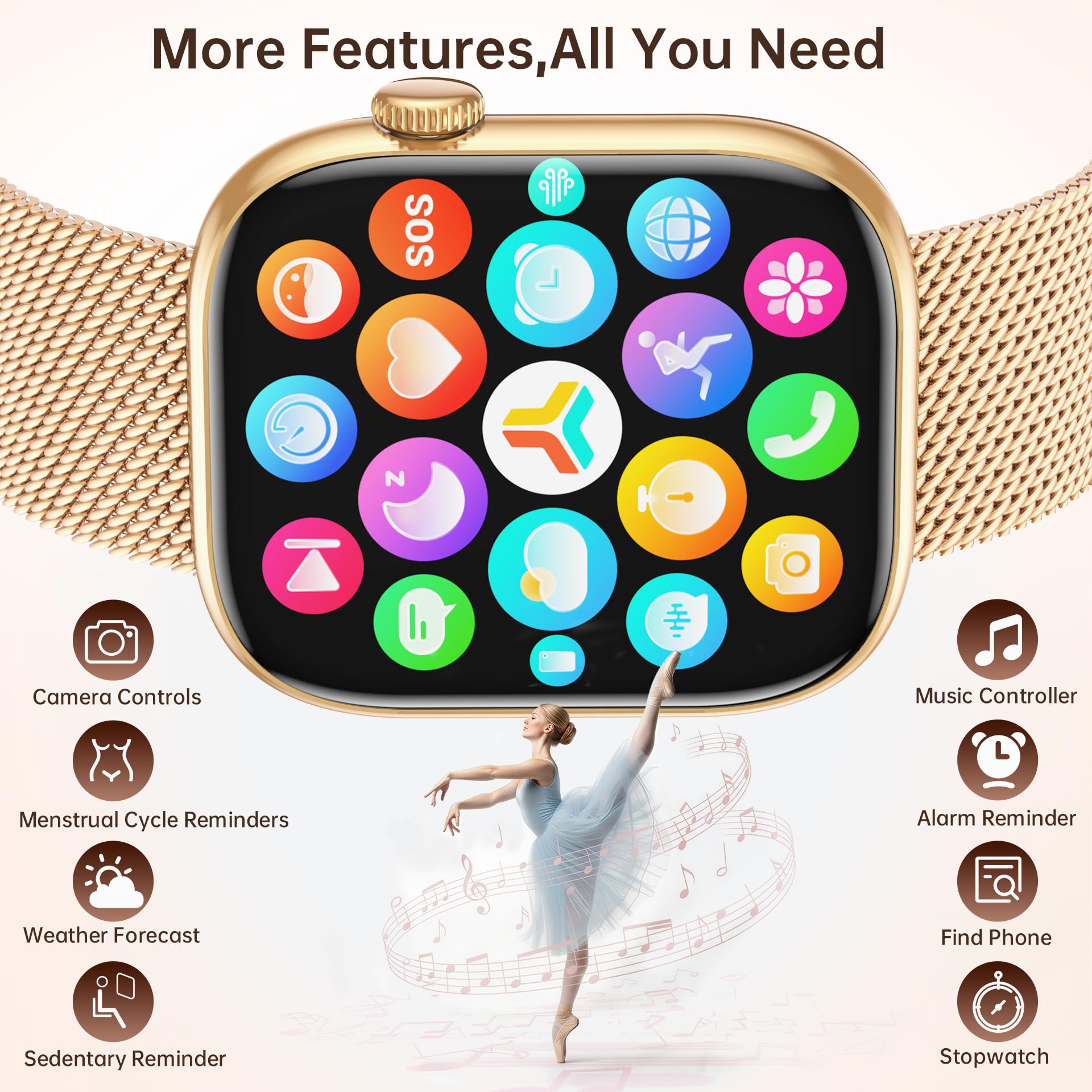 Smartwatch Mujer Reloj Inteligente con Llamada: 1.83'' Digital Smart Watch con Bluetooth Impermeable IP67 Monitor de Estrés Frecuencia Cardíaca Sueño Modo Deportivo 3 correas de reloj para Android iOS — view 6