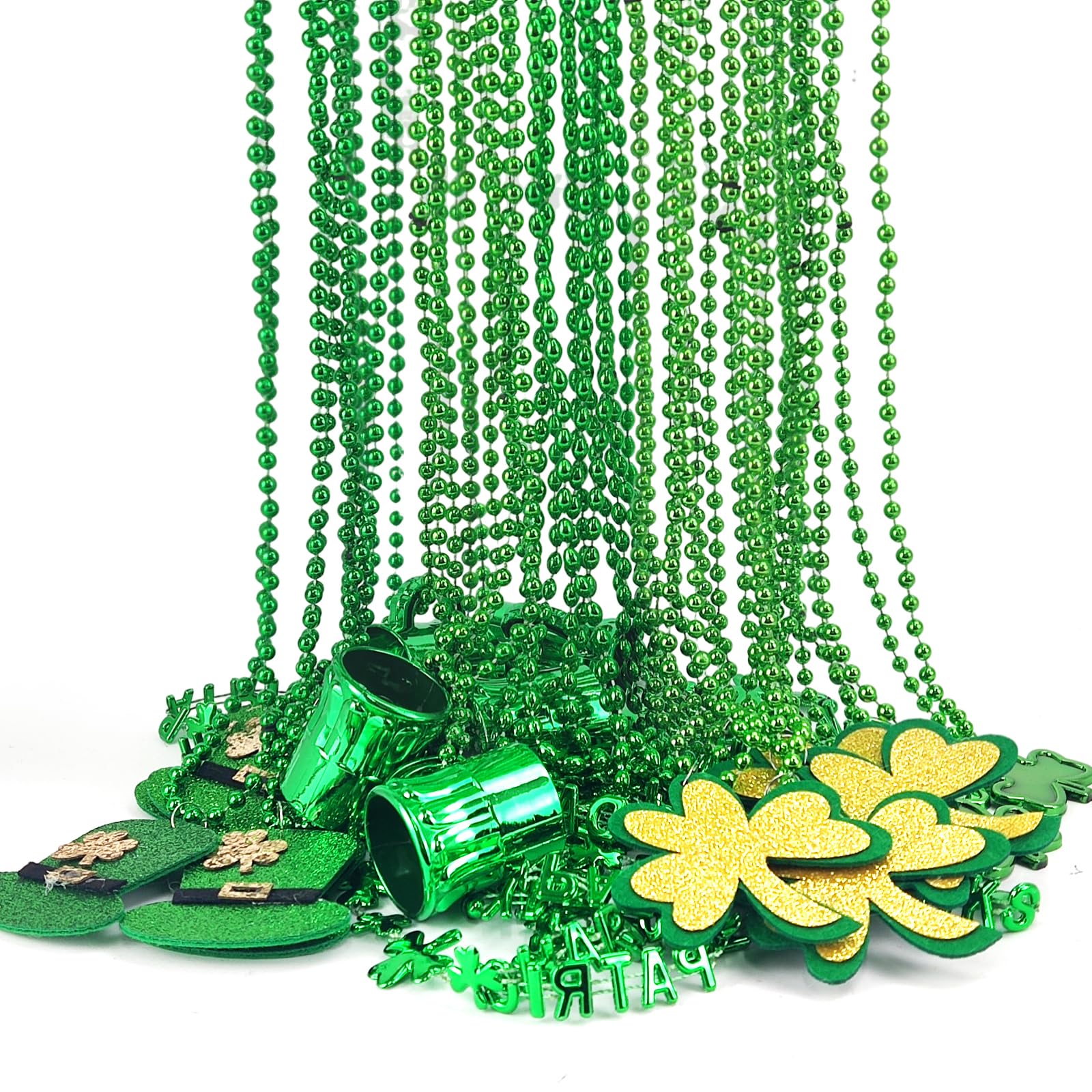 QPEY30Pcs St Patrick's Day Beads Necklaces Bulk Shamrock Clover Necklace Hat Wine Beads for Party St Patrick's Day Decorations