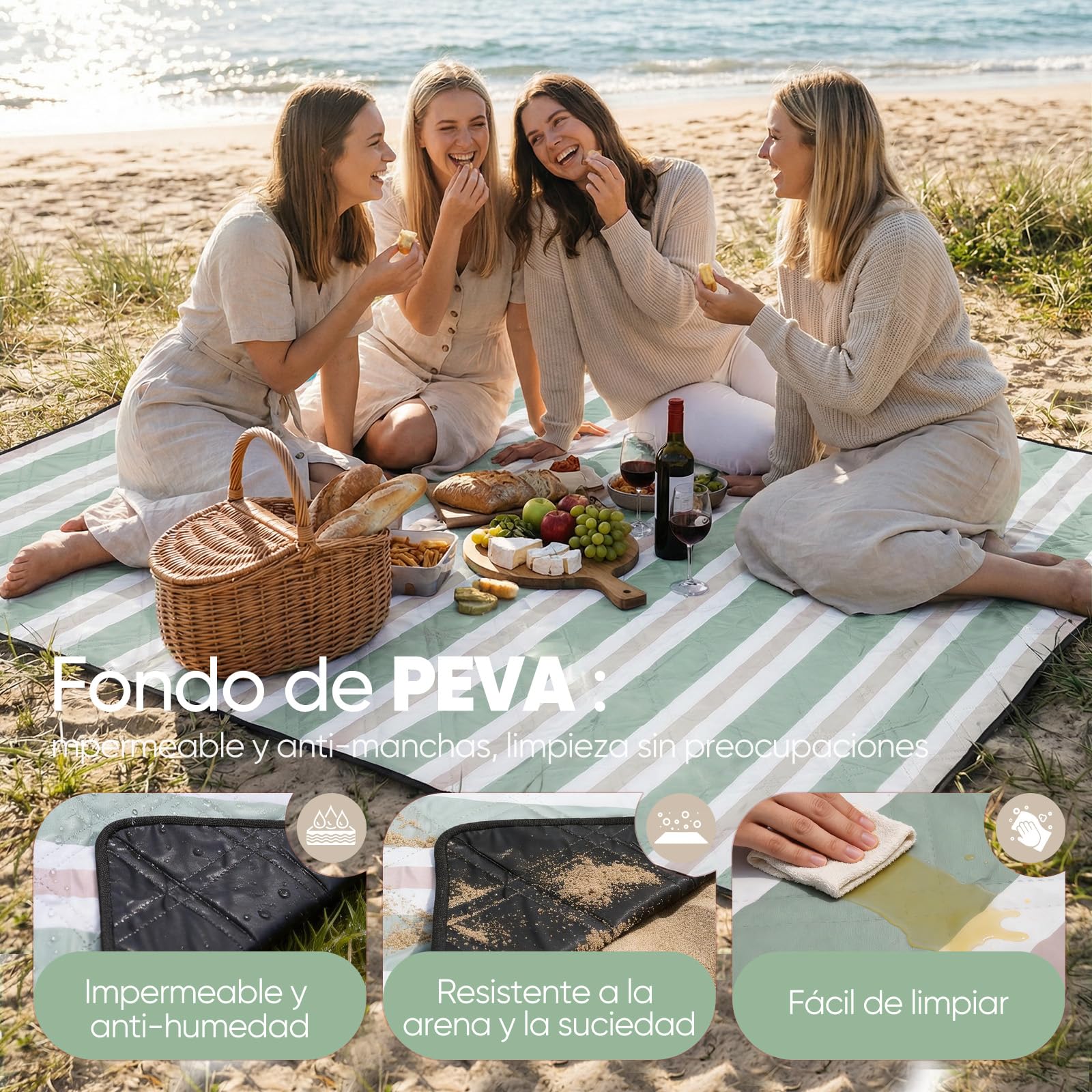 Sekey Manta Picnic 200x200 cm Manta Picnic Impermeable Antisuelo Acolchada Tres Capas Fondo PEVA Correa de Transporte para Picnic, Camping, Playa