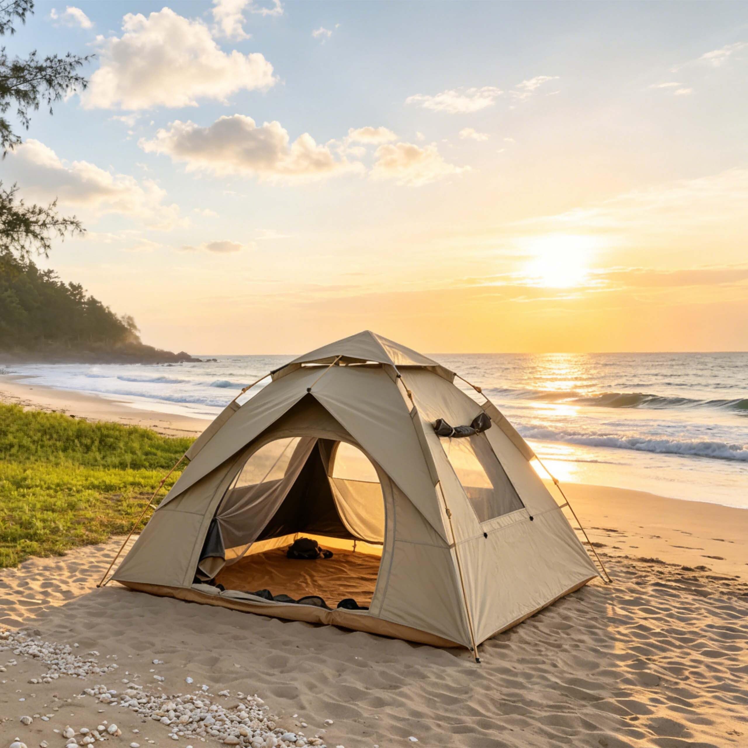 Relaxdays Tienda para 3-4 Personas, Montaje rápido y automático, Beige | protección UV, mosquitera, 145×200×220 cm