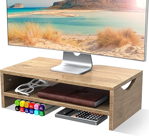 ELIVED Elevador de soporte para monitor soporte elevador de madera de 2 niveles con organizador de almacenamiento de estante de escritorio