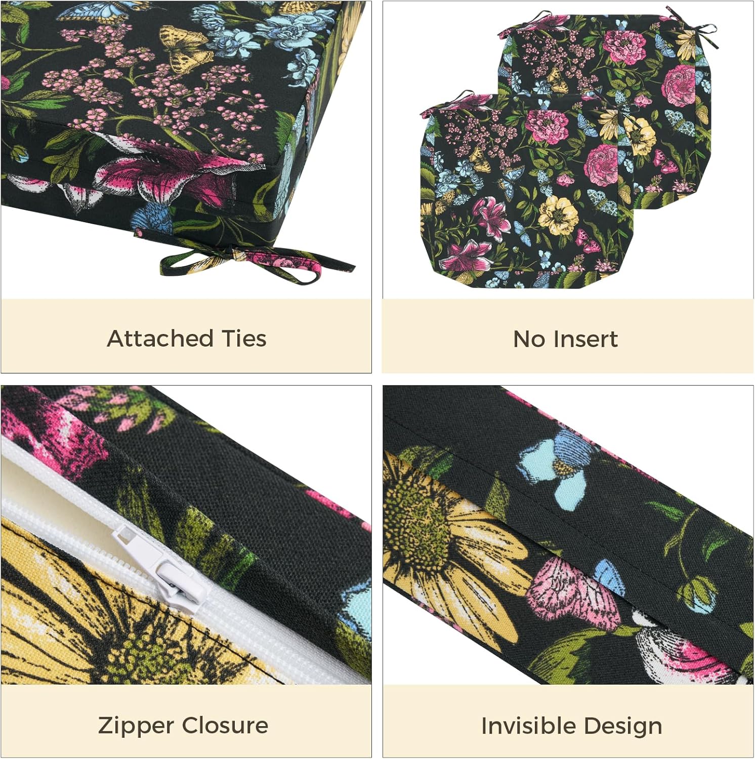 FUNHOME Outdoor Cushion Covers 22 x20 x4 inch,Set of 2,Slipcover Replacement for Garden Lawn Seat Sofa Cushions,Water-Resistant Patio Chair Cushion Cover Only,No Insert(Black Butterfly)