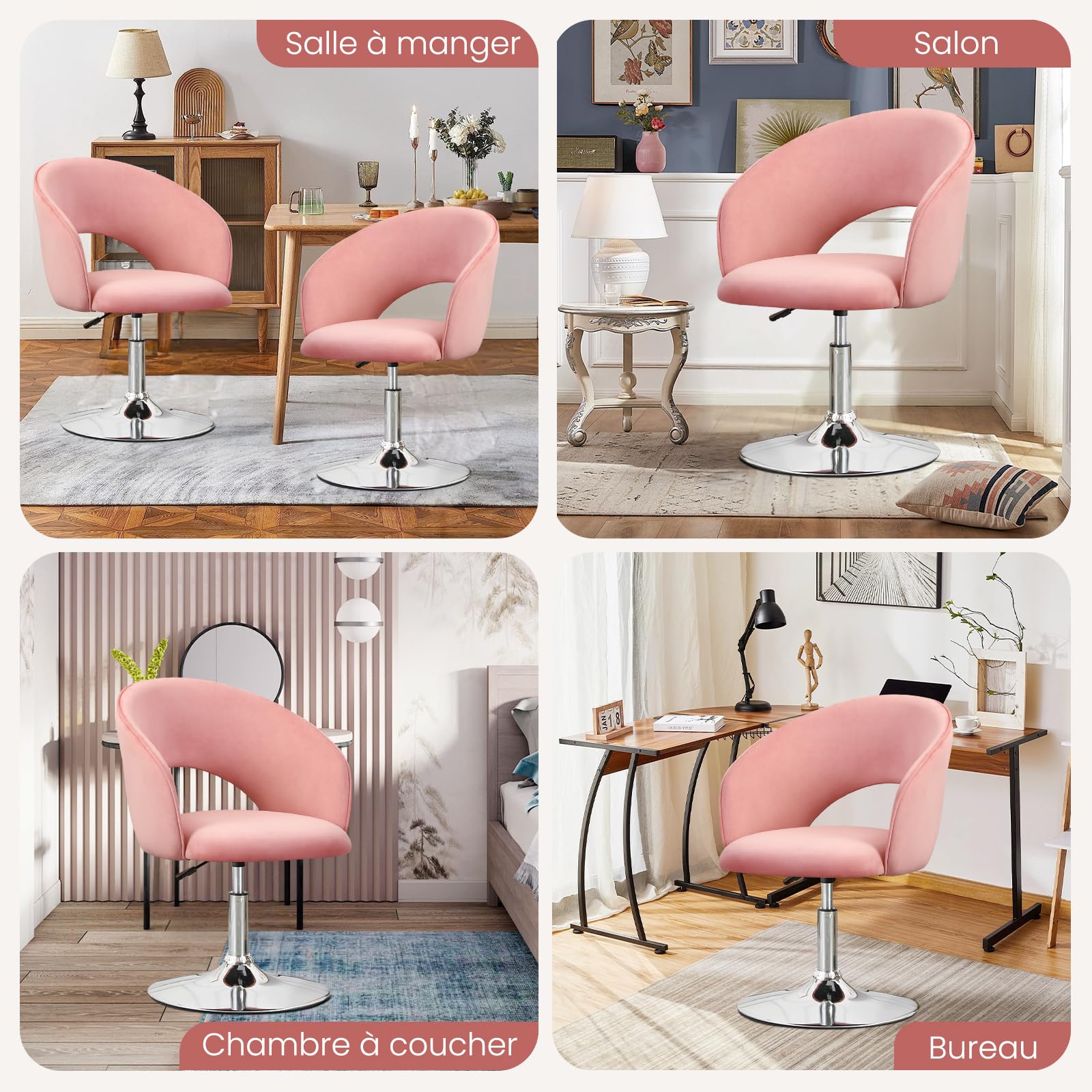 Chaise de Coiffeuse, Tabouret de Maquillage, Chaise de Salle à Manger Pivotante, Tabouret de Bar Réglable en Hauteur, Fauteuil de Salon Relax Tabourets de Cuisine avec Dossier et Socle, Rose