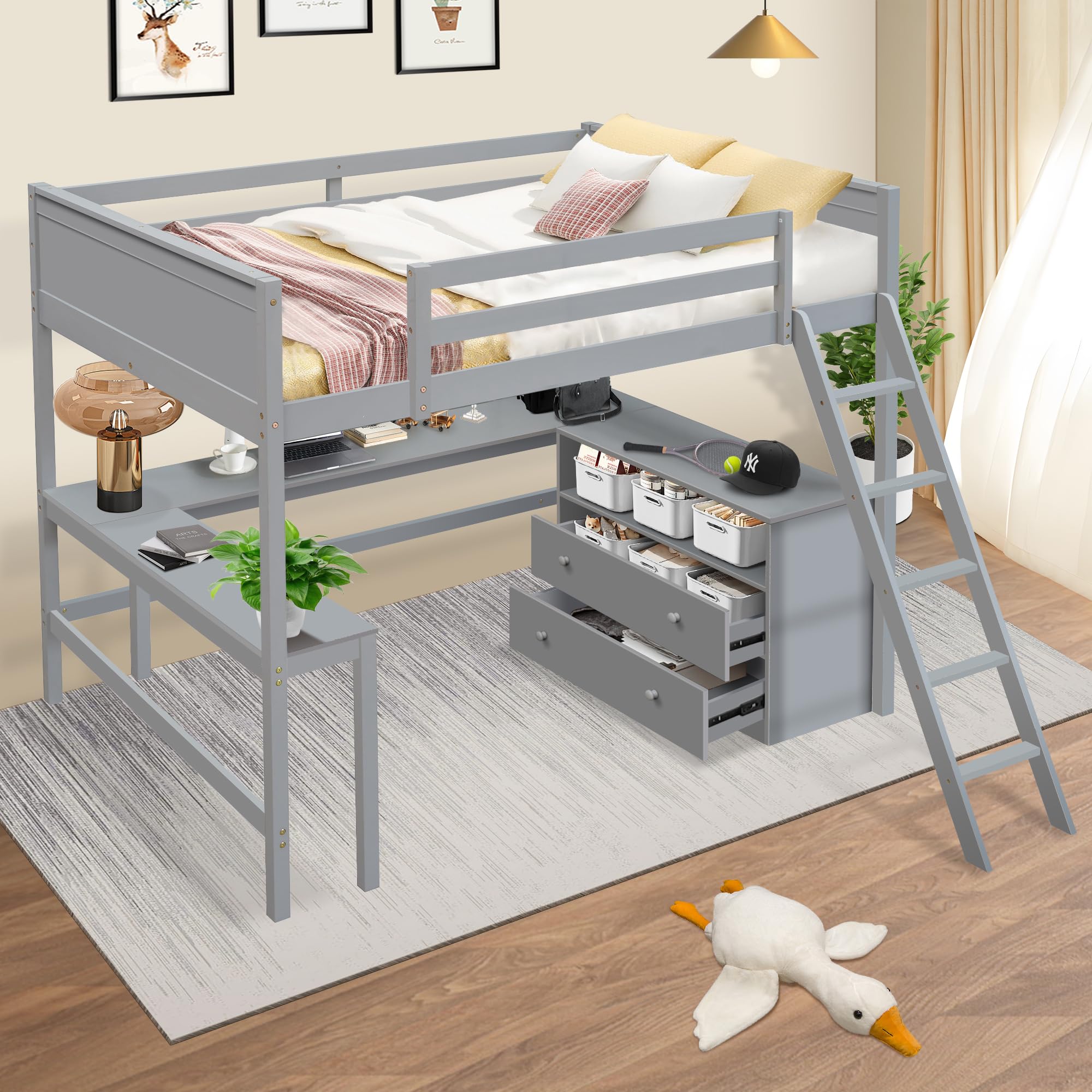 Full Loft Bed with L-Shaped Desk, Storage Shelves and 2 Drawers, Solid Wood Full Size Loft Bed Frame with Guardrails & Ladder for Girls Boys Junior Adults, Space-Saving, Grey
