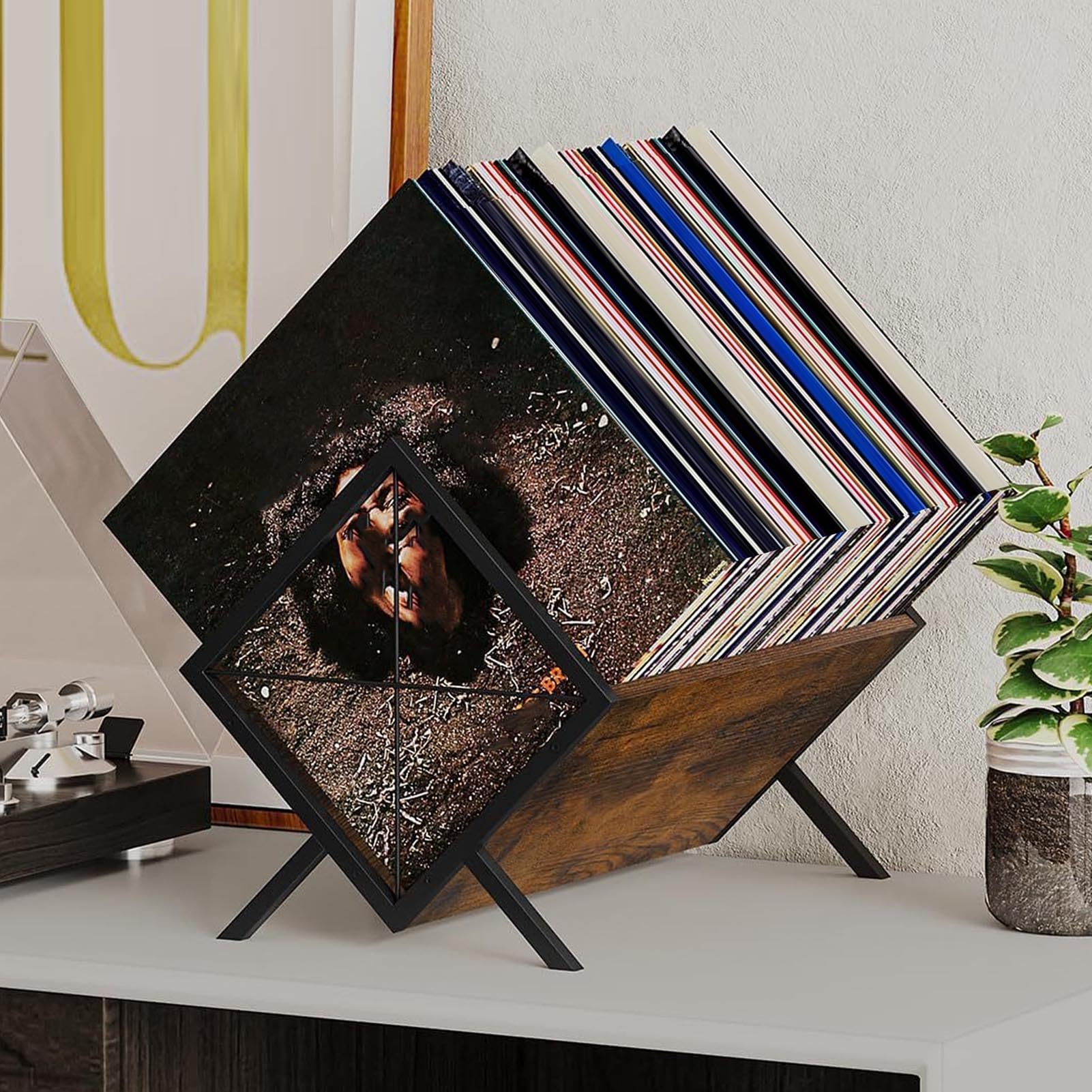Stojak do przechowywania płyt z litego drewna i żelaza, mieści 80 albumów, solidny organizer na książki, łatwy montaż, prezent dla miłośników muzyki