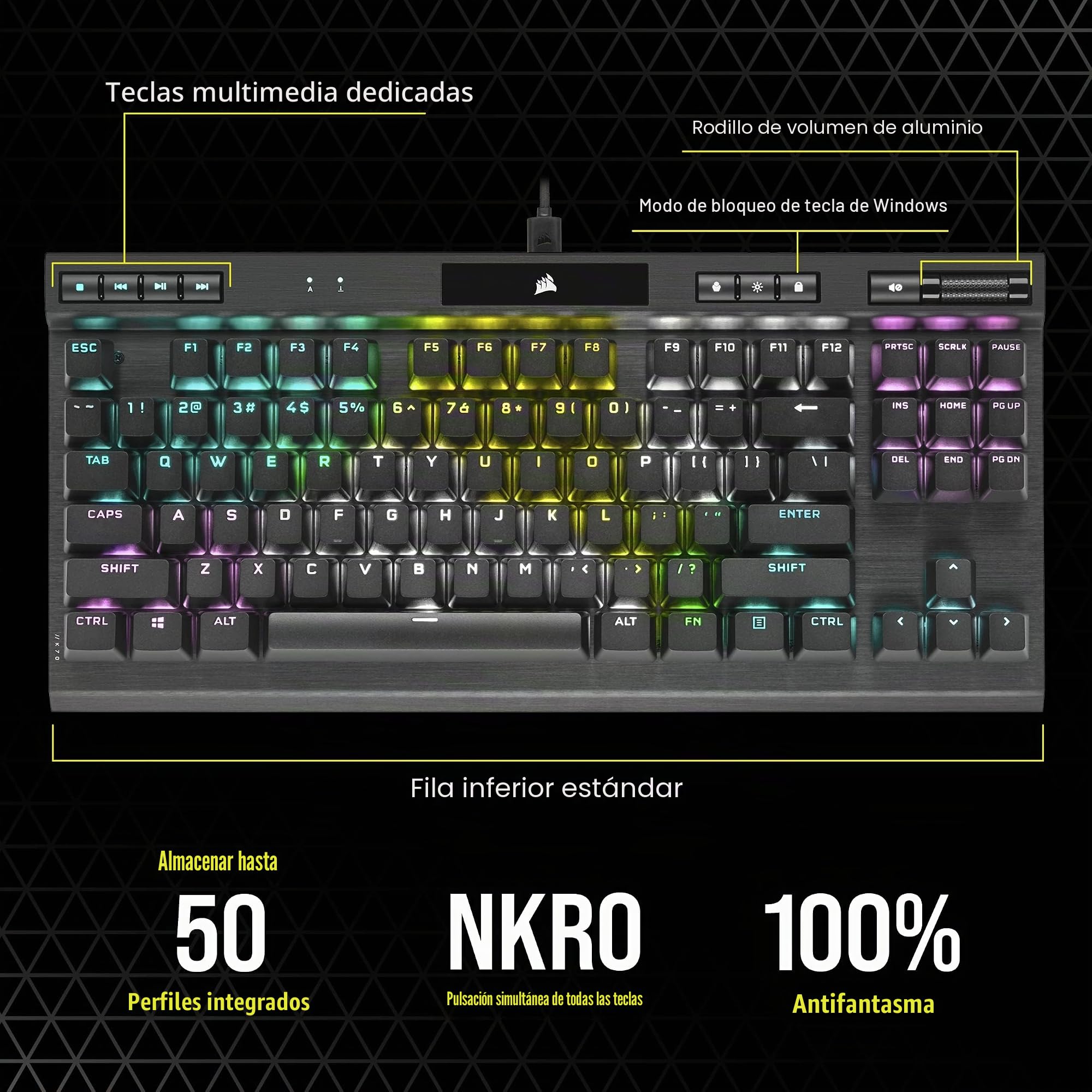 Corsair K70 RGB TKL CHAMPION SERIES Teclado para Juegos con Cable Mecánico-Óptico sin Teclas - Interruptores OPX - Teclados PBT Double-Shot - Compatible con iCUE - QWERTY ES - Negro