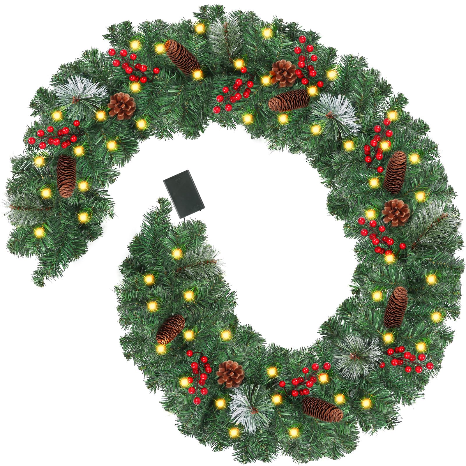 CCINEE Guirlande de Noël artificielle pré-éclairée de 2,7 m, guirlande de Noël à piles avec 50 lumières LED, guirlande de Noël éclairée avec pommes de pin et baies rouges pour décoration intérieure et