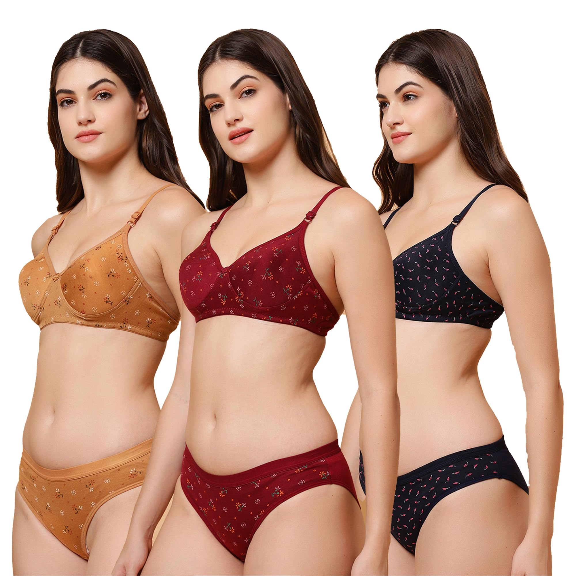 Women’s Cotton Padded Non Wired Bra and Panty Set Pack of 3 | Gold::Maroon::Blue-image-39