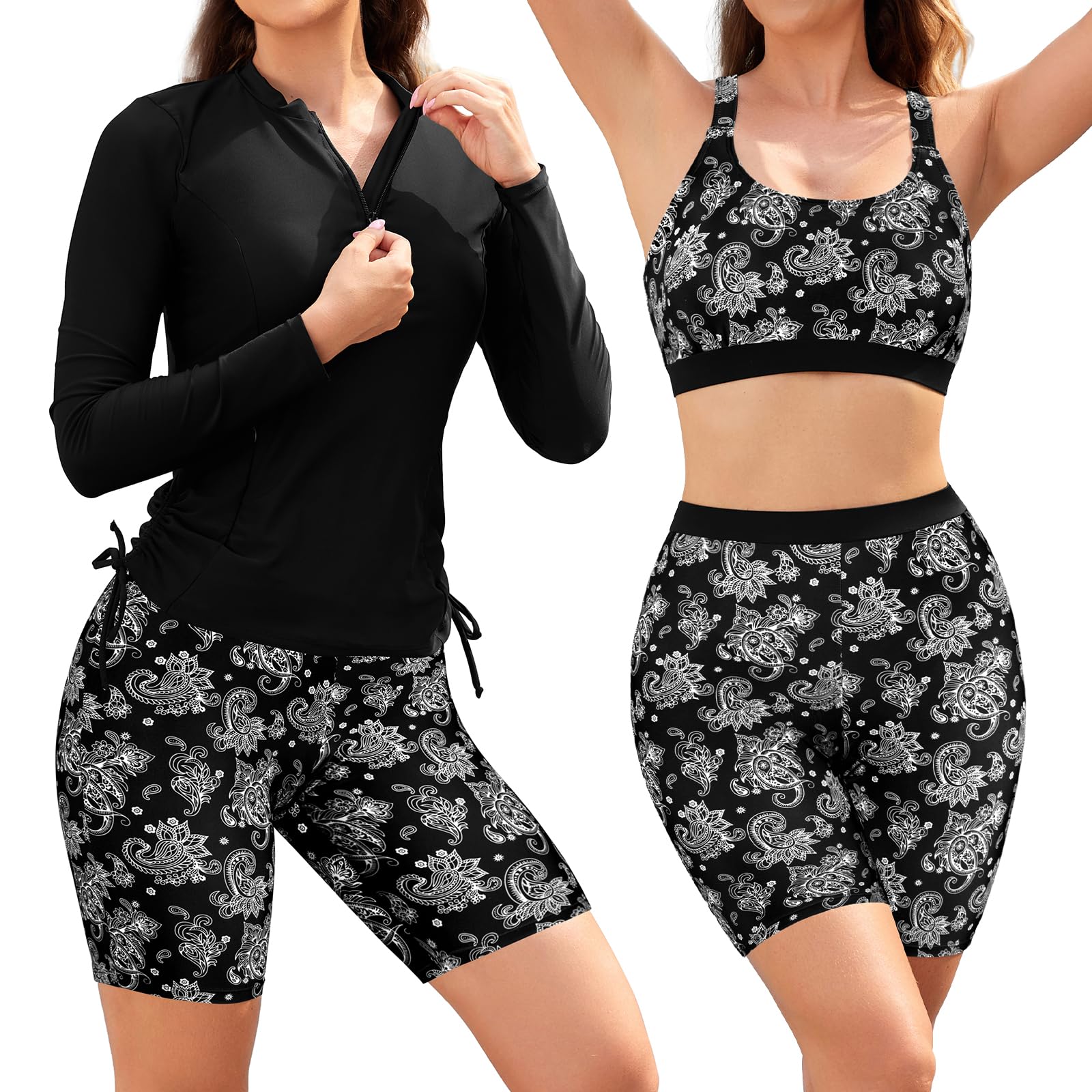 SHEKINI Costume da bagno da donna 3 pezzi Rash Guard Set reggiseno integrato canotta manica lunga zip up camicia pantaloncini costumi da bagno fondo