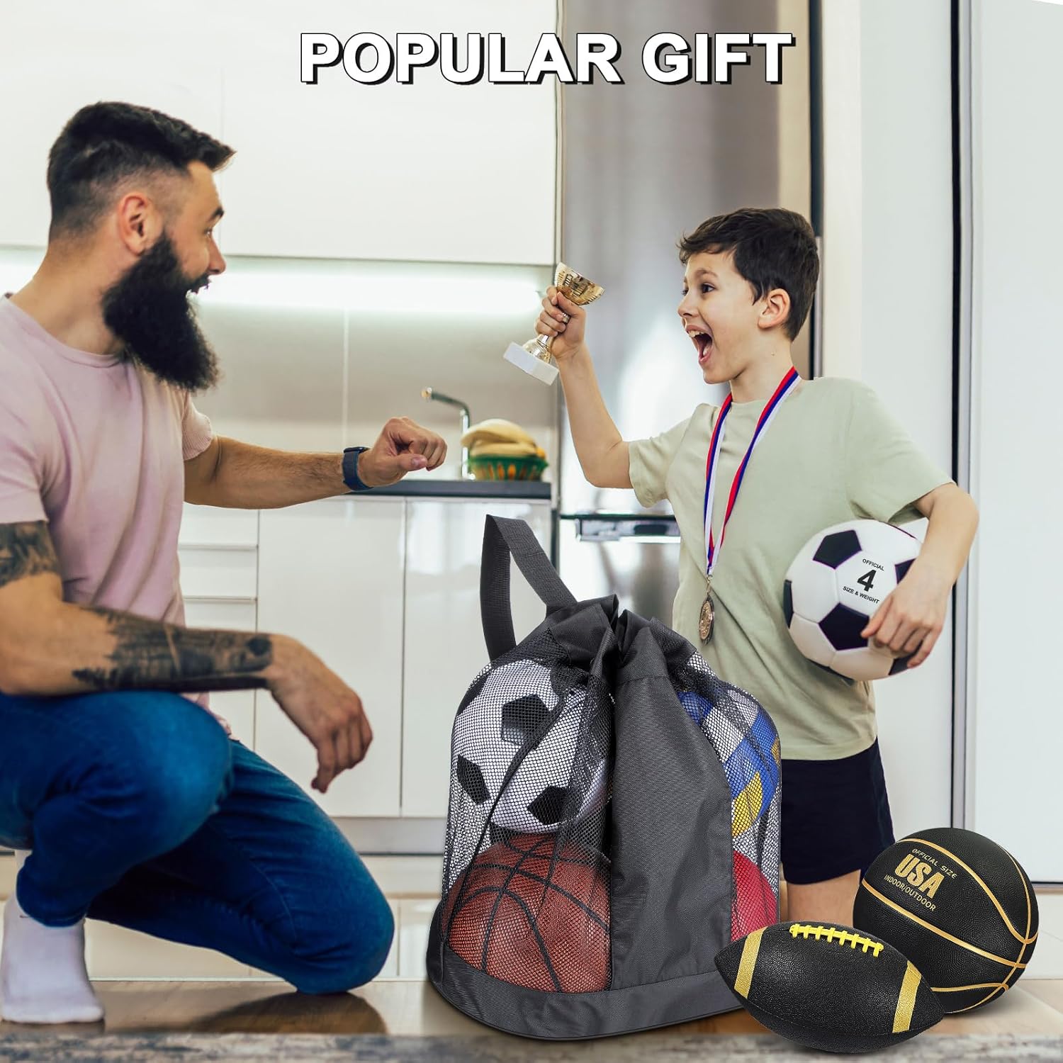 Realspring 6 Pcs Multi Sport Ball Set for Kid Teen Official Size Football, Basketball, Soccer, Volleyball, Playground Ball, Baseball with Sports Equipment Bag Pump Back to School Gift