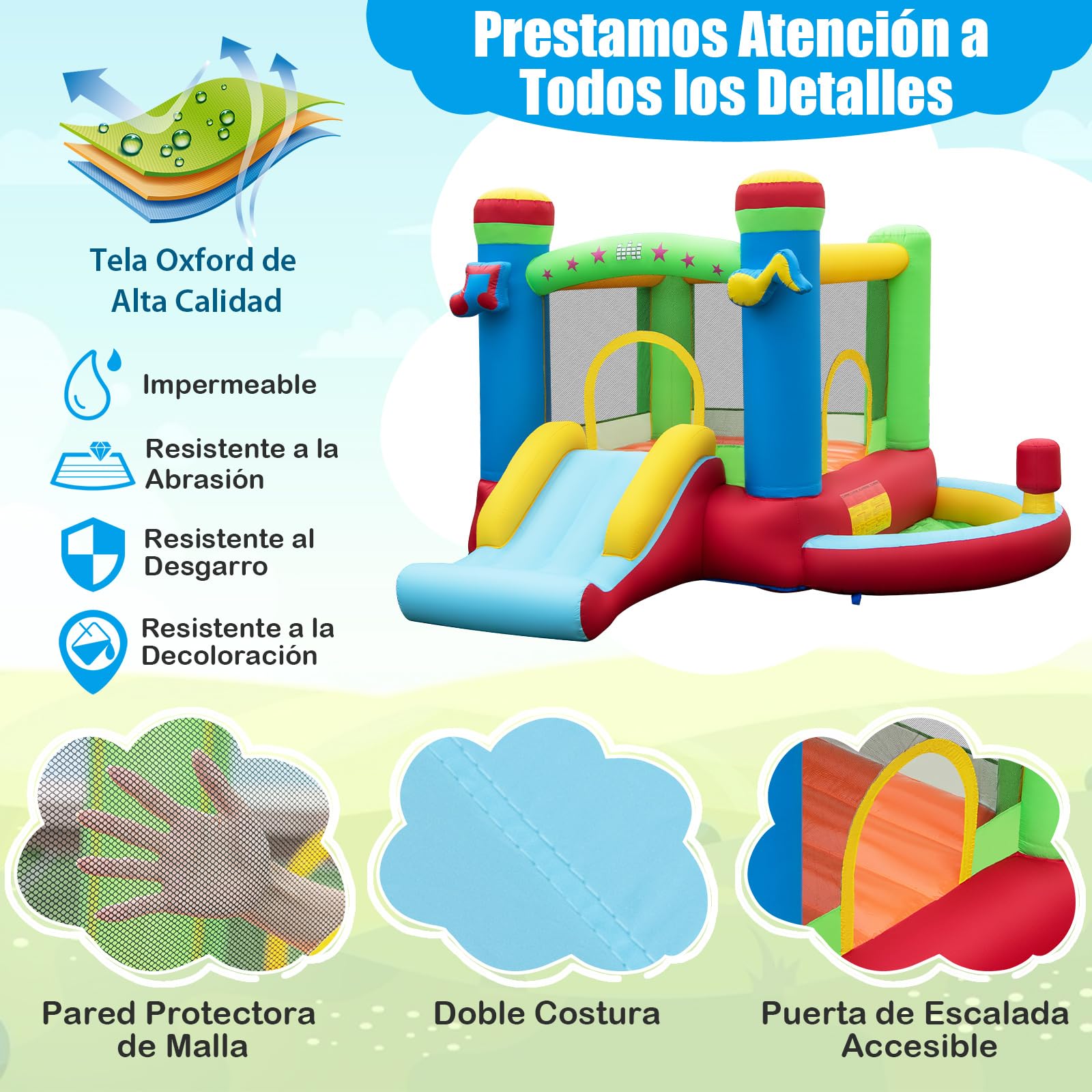 COSTWAY Castillo Hinchable para Niños 3 en 1, Cama Elástica Hinchable Amplia para Niños con Tobogán