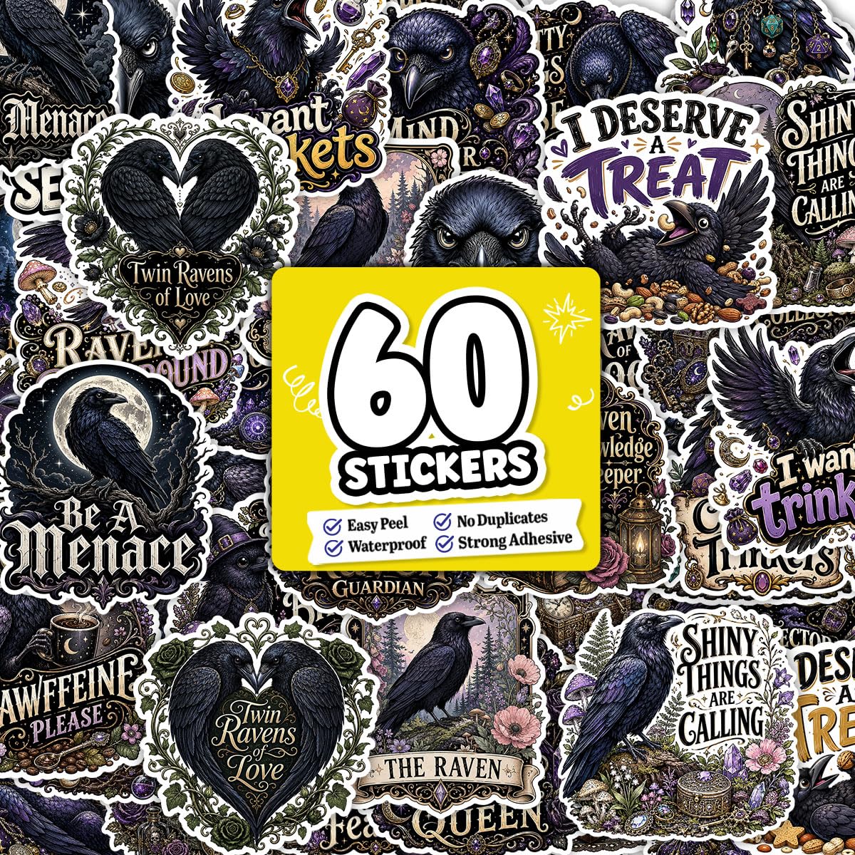 Autocollants corbeau style gothique stickers gourde ordinateur portable fête 60 pcs