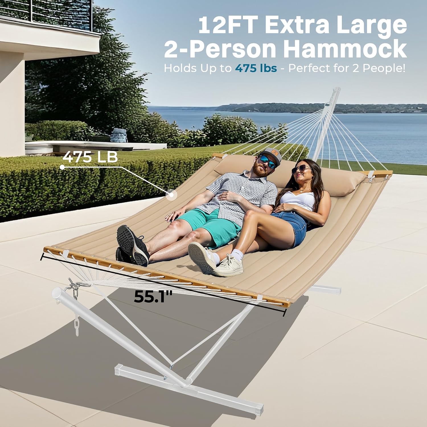 SUPERJARE Hammock with Stand, 2 Person Quilted Outdoor Hammock, Detachable Pillow & Bamboo Spreaders, Portable Hammock with Carrying Bag, Heavy Duty Stand, Perfect for Outside, Patio, Beige thumbnail