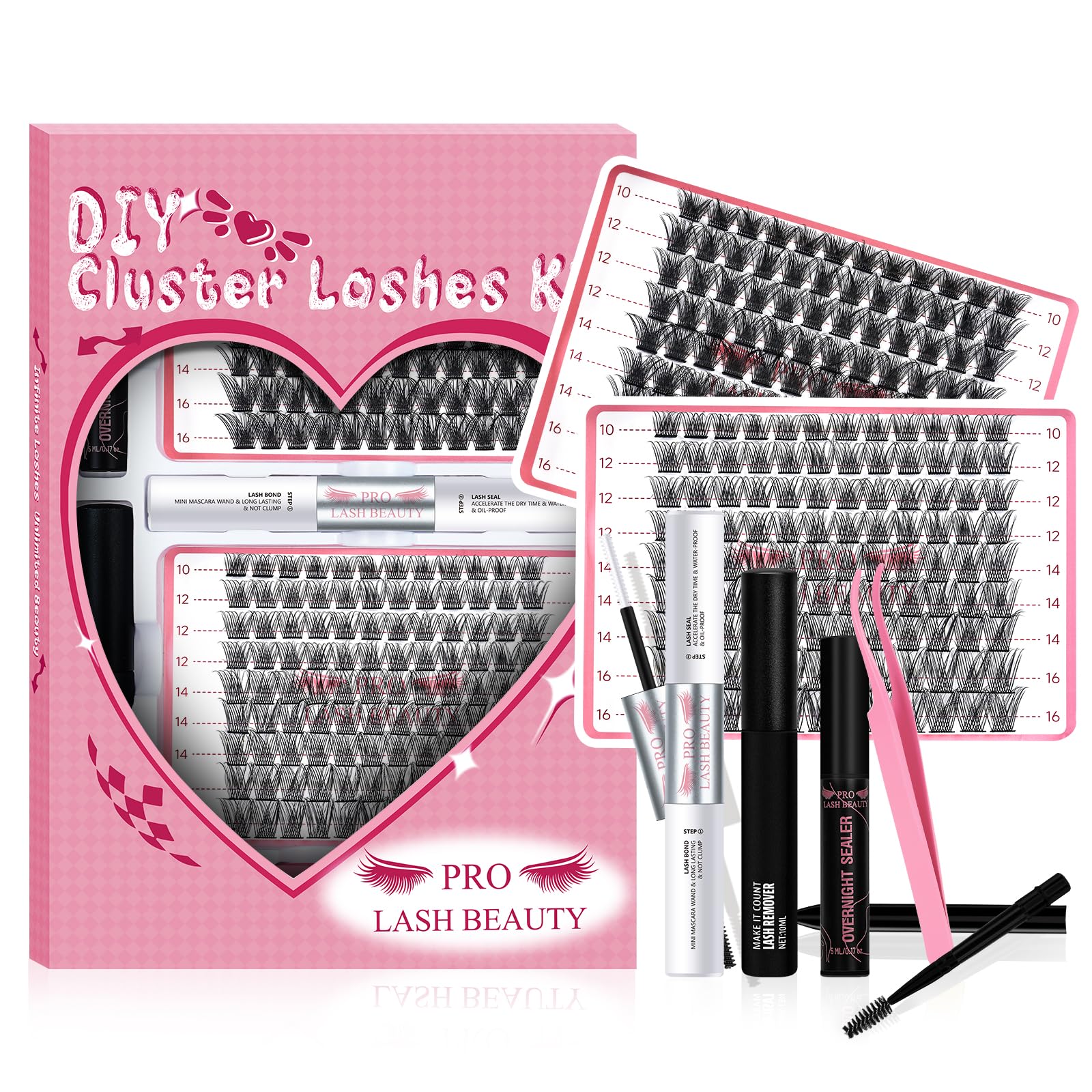 PRO DIY Lash Extension Kit，Cluster Lashes Kit with 216 Pcs Lash Clusters Lash Bond and Seal,5ml Overnighter 10ml Remover Eyelash Applicator Lash Brush for Beginner DIY at Home (Volume+Natural Kit)