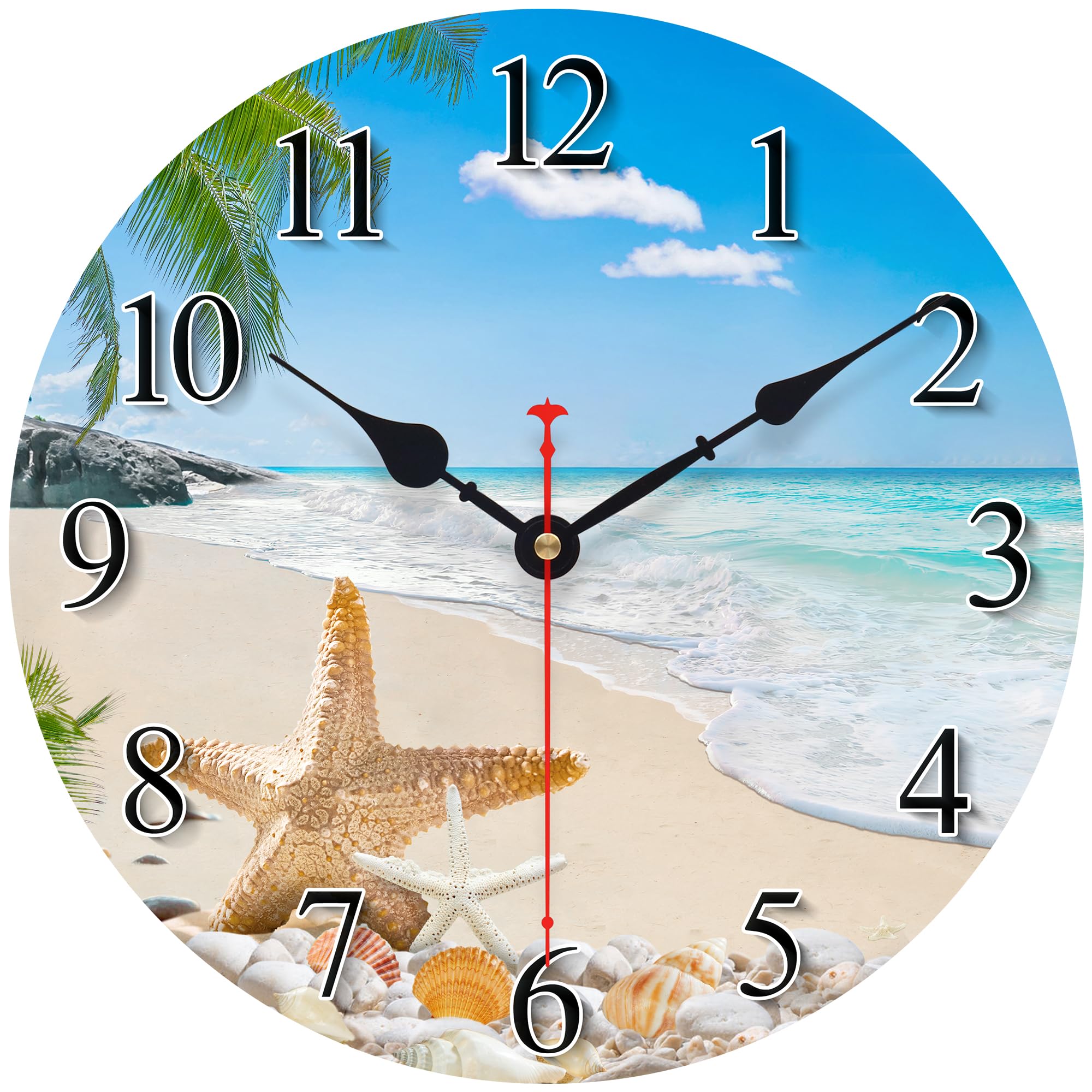 Toudorp 8 Inch Wall Clock Coastal Seashell Starfish Beach Decorative Clocks, Silent Non Ticking Battery Operated Palm Tree Wall Clock for Bedroom/Living Room/Kitchen