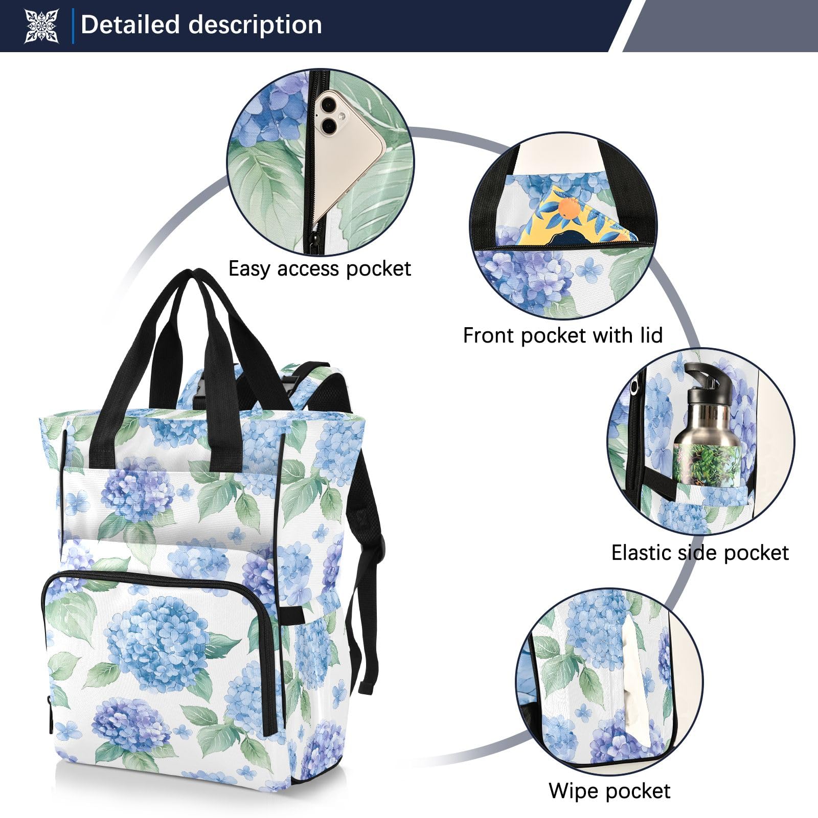 Mnsruu Borsa per pannolini per bambini con motivo di ortensia viola pallido ad acquerello borsa grande borsa impermeabile da viaggio borse per pannolini per mamme e papà