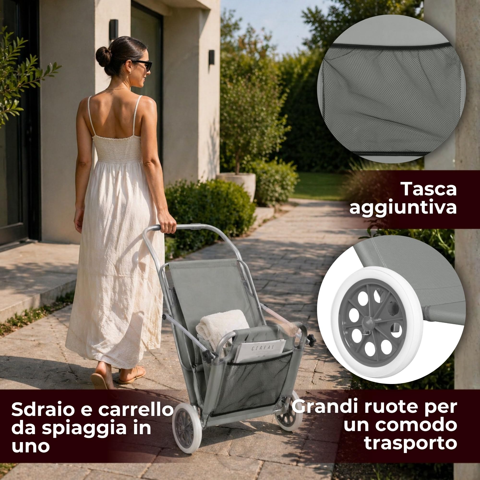 SPRINGOS Lettino prendisole da giardino, con 2 ruote, schienale regolabile in 5 posizioni, poggiatesta, portata fino a 120 kg
