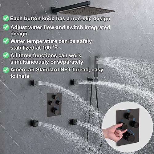 Miniatura 18 de Sistema de ducha de lluvia, cabezal de ducha de lluvia montado en la pared de 12 pulgadas con chorros corporales y ducha de mano, juego de grifo