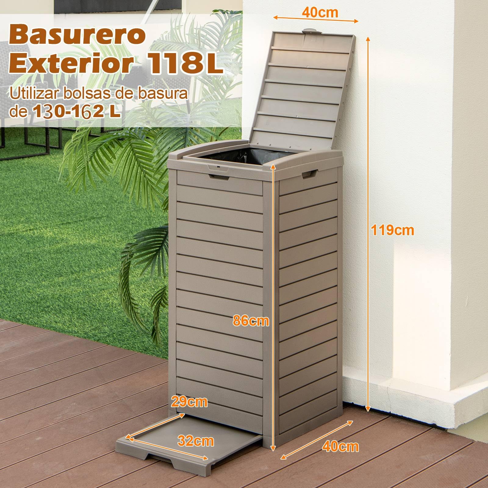 COSTWAY Cubo de Basura para Exterior, 118L Contenedor de Basura con Tapa y Bandeja líquida Extraíble, Bote de Basura de Resina, Contenedor Impermeable de Doble Tapa, 40 x 40 x 86 cm (Marrón, 2 Piezas)