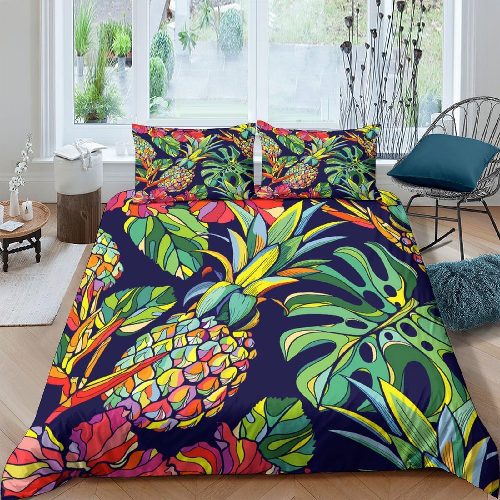 Ctjqhvkz Style-3 3D Printed Tropical Pineapple Fitted Sheet Microfiber Vibrant Leaf Mattress Cover Easy Care For Bedroom Guest Room Single（135X200cm）