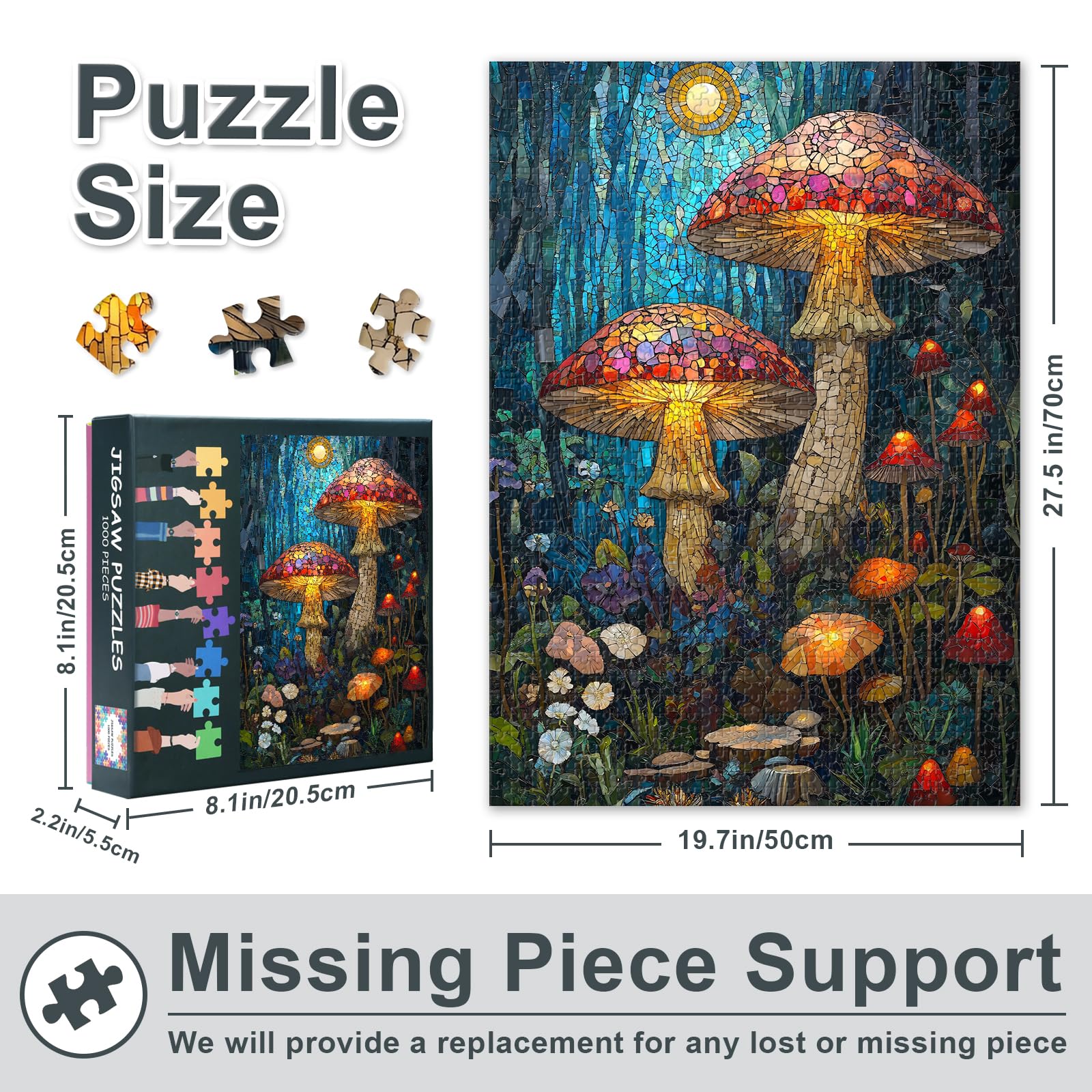 Challenging Mosaic of Enchanted Mushrooms Jigsaw Puzzles as Gift for Friends Family 1000 Pieces Decompression Jigsaw Puzzles Funny Mushrooms Puzzle for Adults Home Decor 27.5"X19.7" - Image 3
