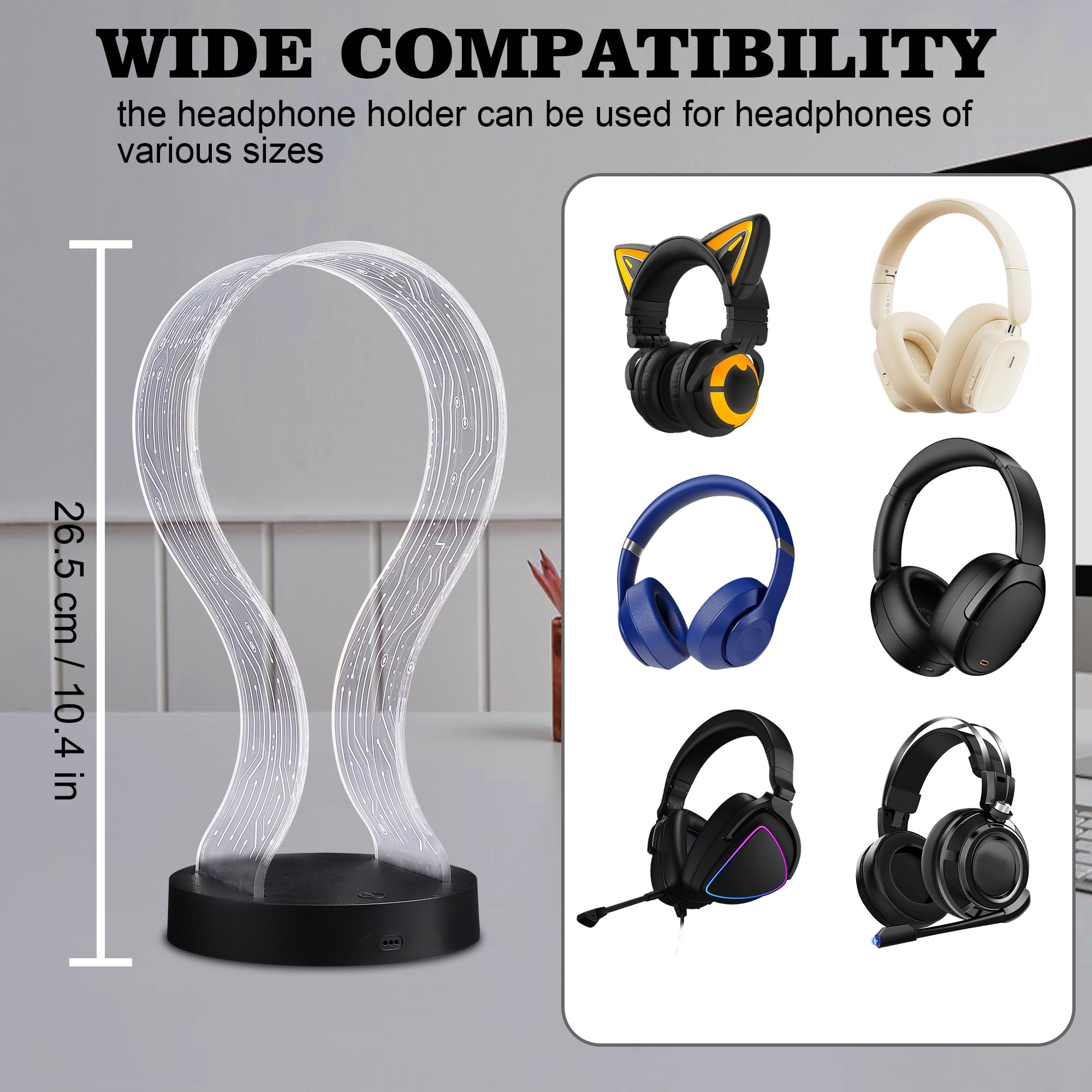 Ammonite Light Up Headphone Stand, 16 Farbe leuchtet Gaming Schreibtisch Accessoire mit 1 USB-Ladeanschluss und 1 Typ-C-Ladeanschlüsse, USB-Power und PCB-Muster, Geschenke für Gamer Freund Junge Mann