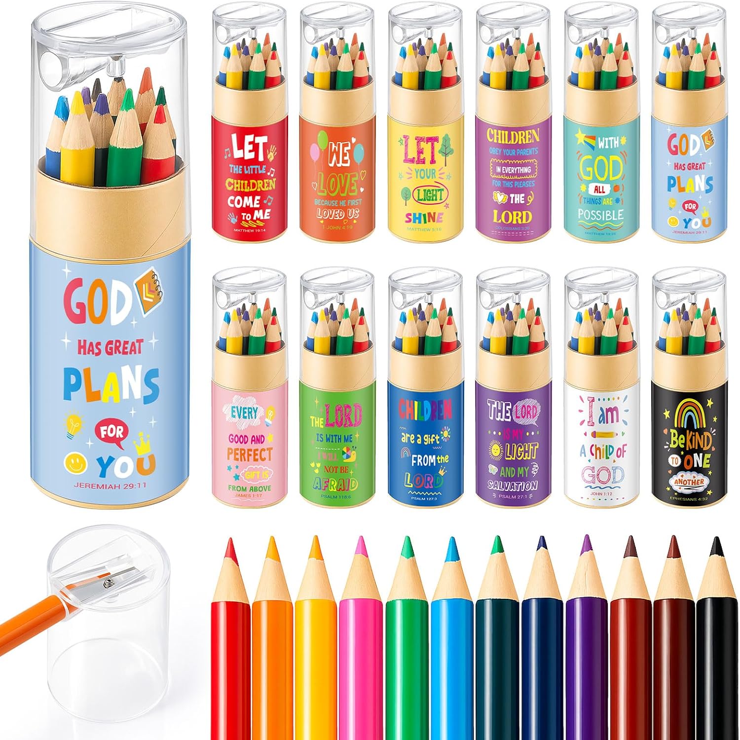 Tenceur 24 PCS Christian Mini Drawing Colored Pencils Gift with Sharpener Christmas Gift Bulk 12 Color Bible Religious Pencils Bulk Sunday School Back to School Gifts for Students Kids Art Classroom