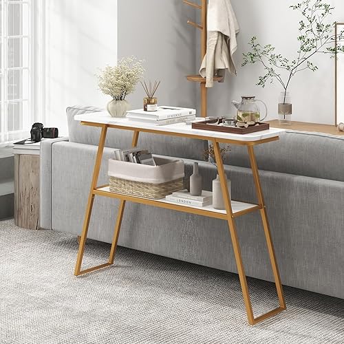 Miniatura 8 de GOFLAME Mesa consola con almacenamiento, mesa de sofá de mármol sintético blanco de 2 niveles con estante abierto y marco de metal dorado, mesa de
